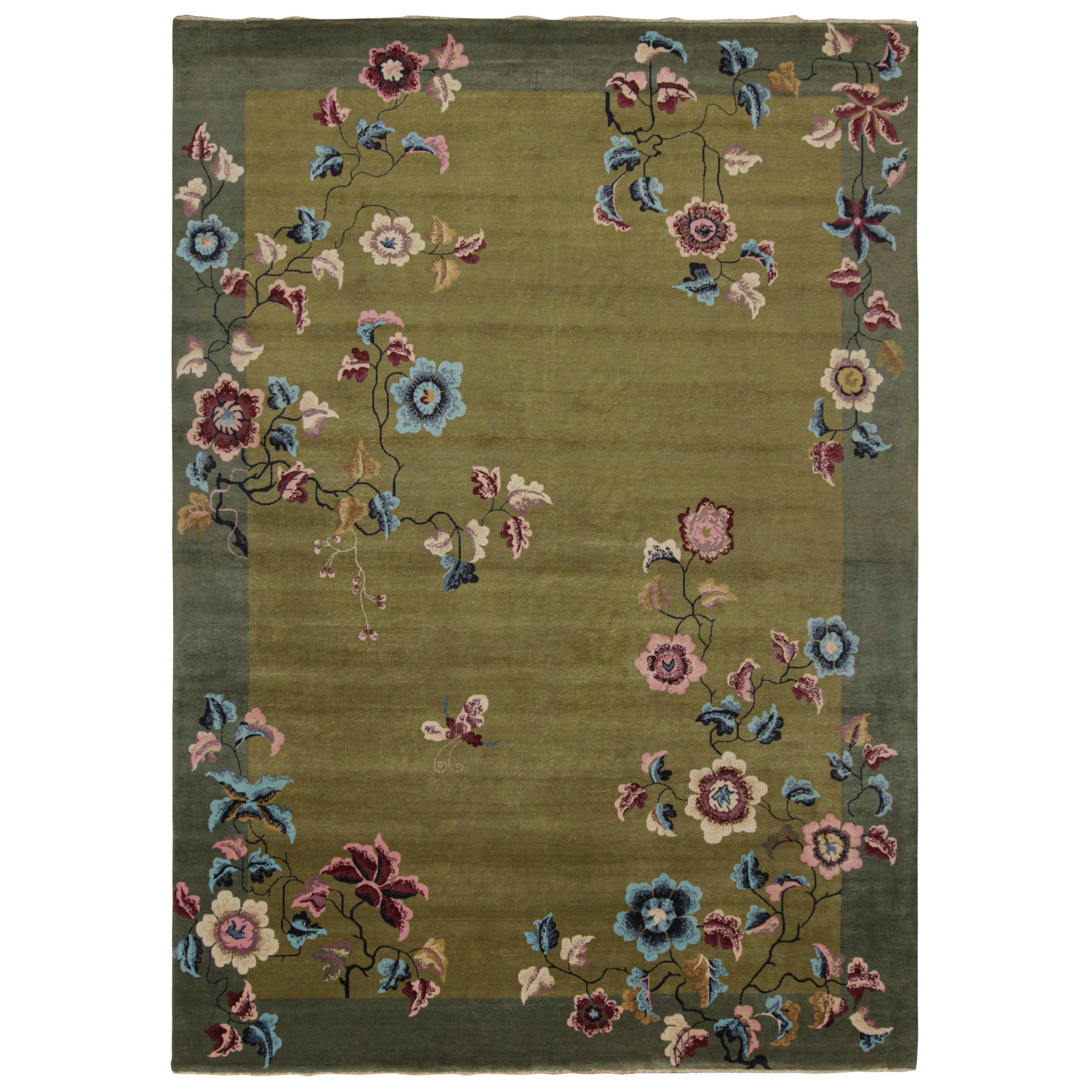 Tappeto Rug & Kilim in stile cinese Art Deco in verde con fiori colorati