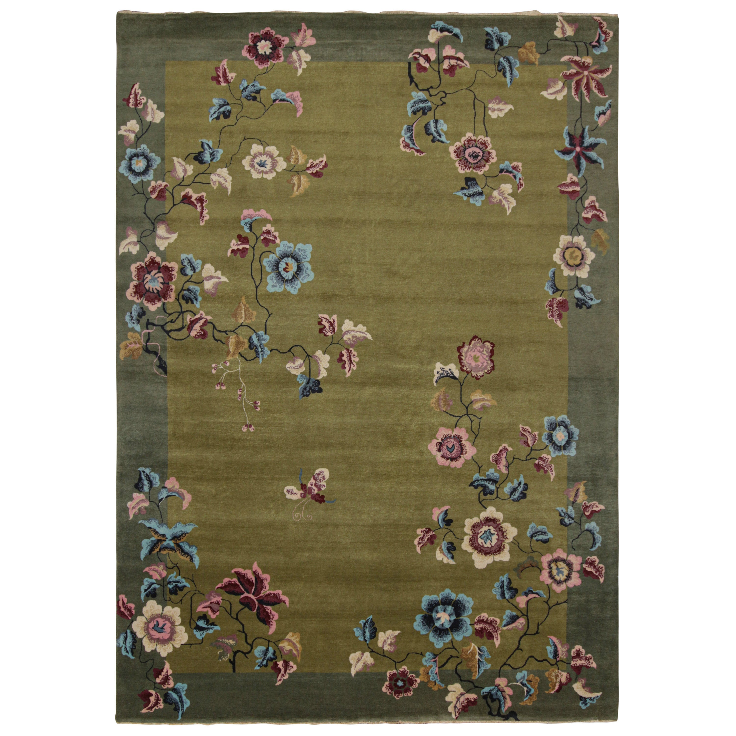 Rug & Kilim’s Chinese Style Art Deco rug in Green with Colorful Florals For Sale