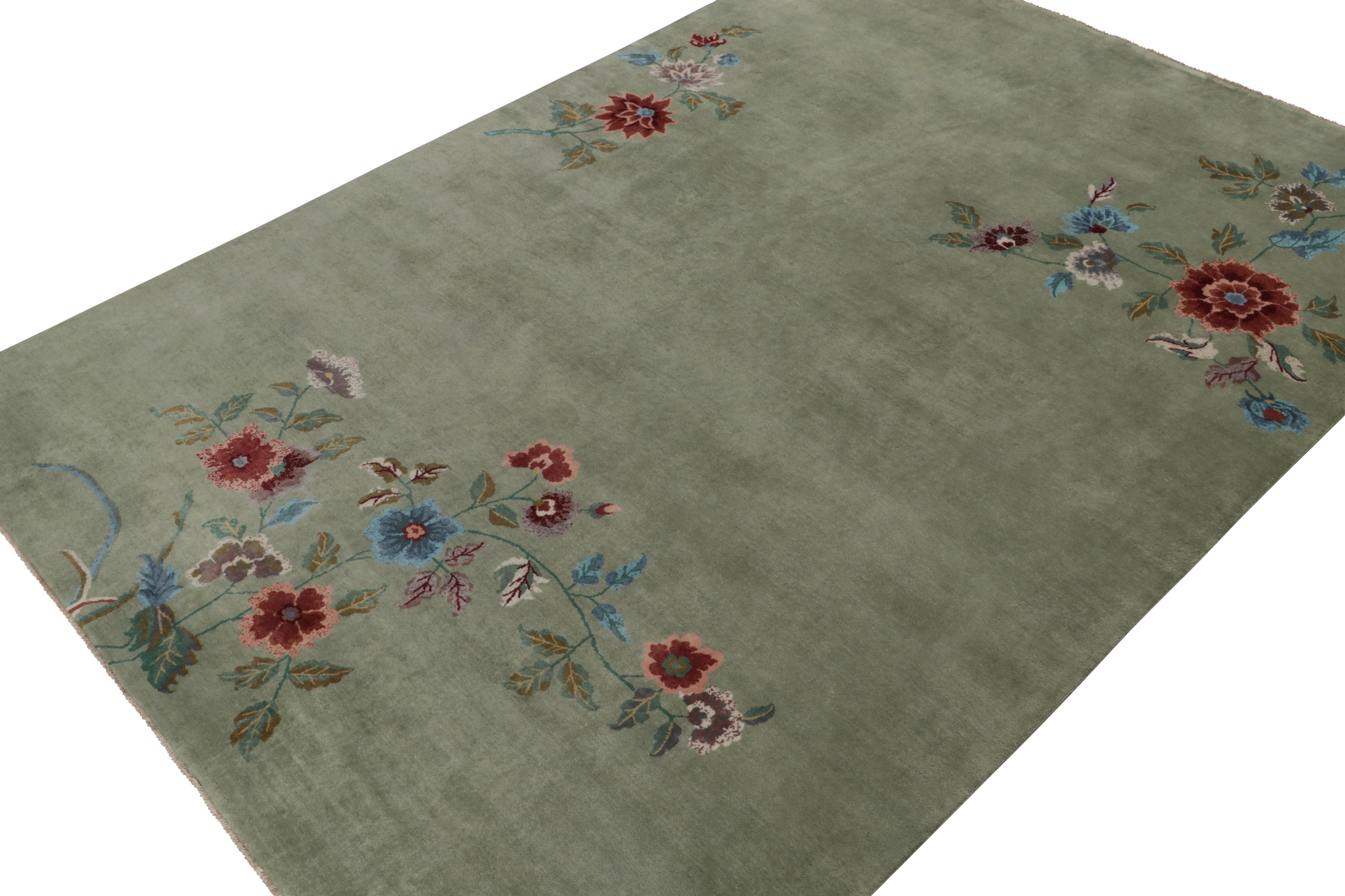 This 10x14 ode to Chinese Art Deco rugs is the next new addition to Rug & Kilim's inspired Deco Collection. Hand-knotted in wool.

Further on the Design:

The gorgeous piece enjoys whimsical florals in jewels tones of red and blue, and a beautiful