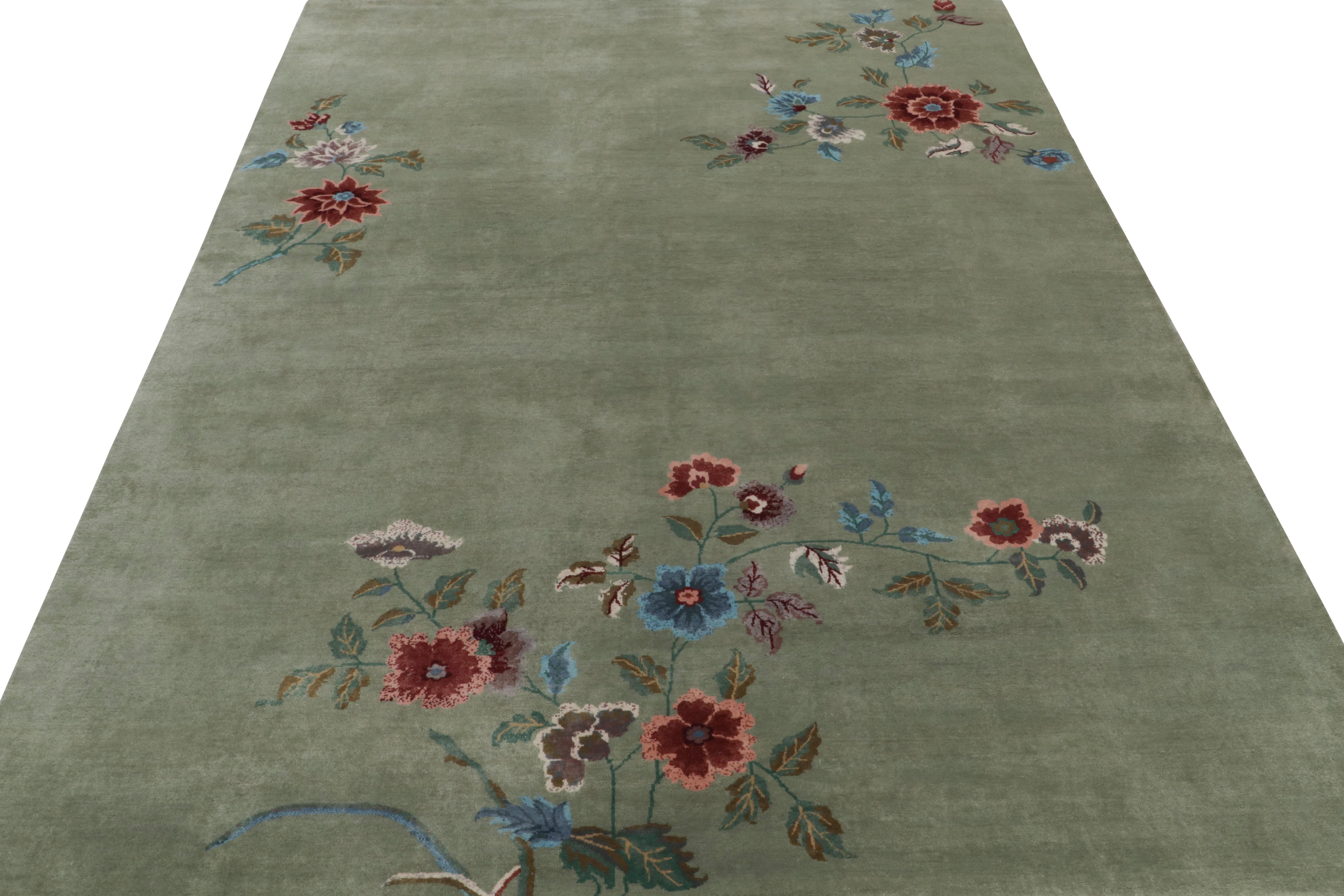 Indian Rug & Kilim’s Chinese Style Art Deco Rug in Green with Floral Patterns For Sale