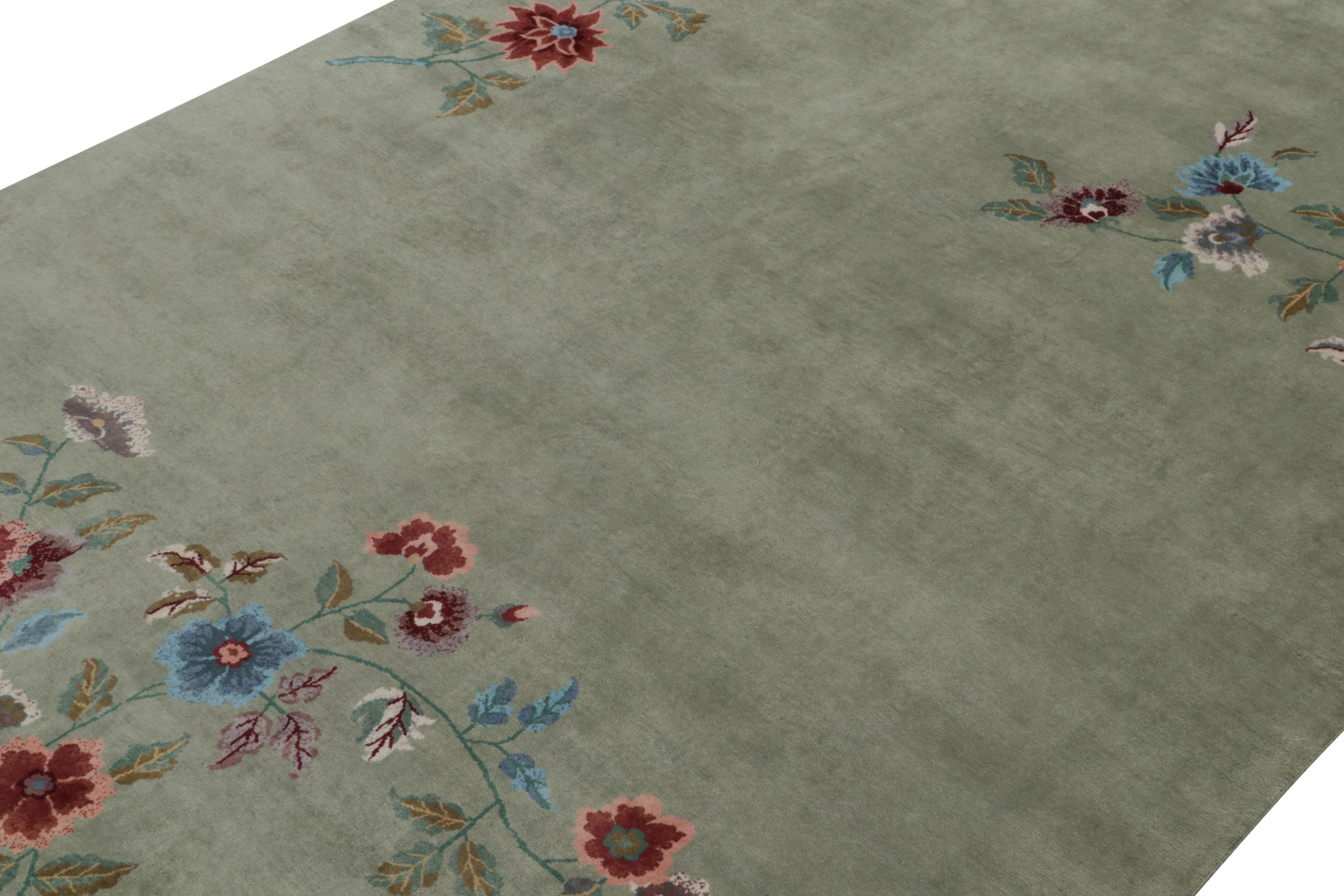 Hand-Knotted Rug & Kilim’s Chinese Style Art Deco Rug in Green with Floral Patterns For Sale