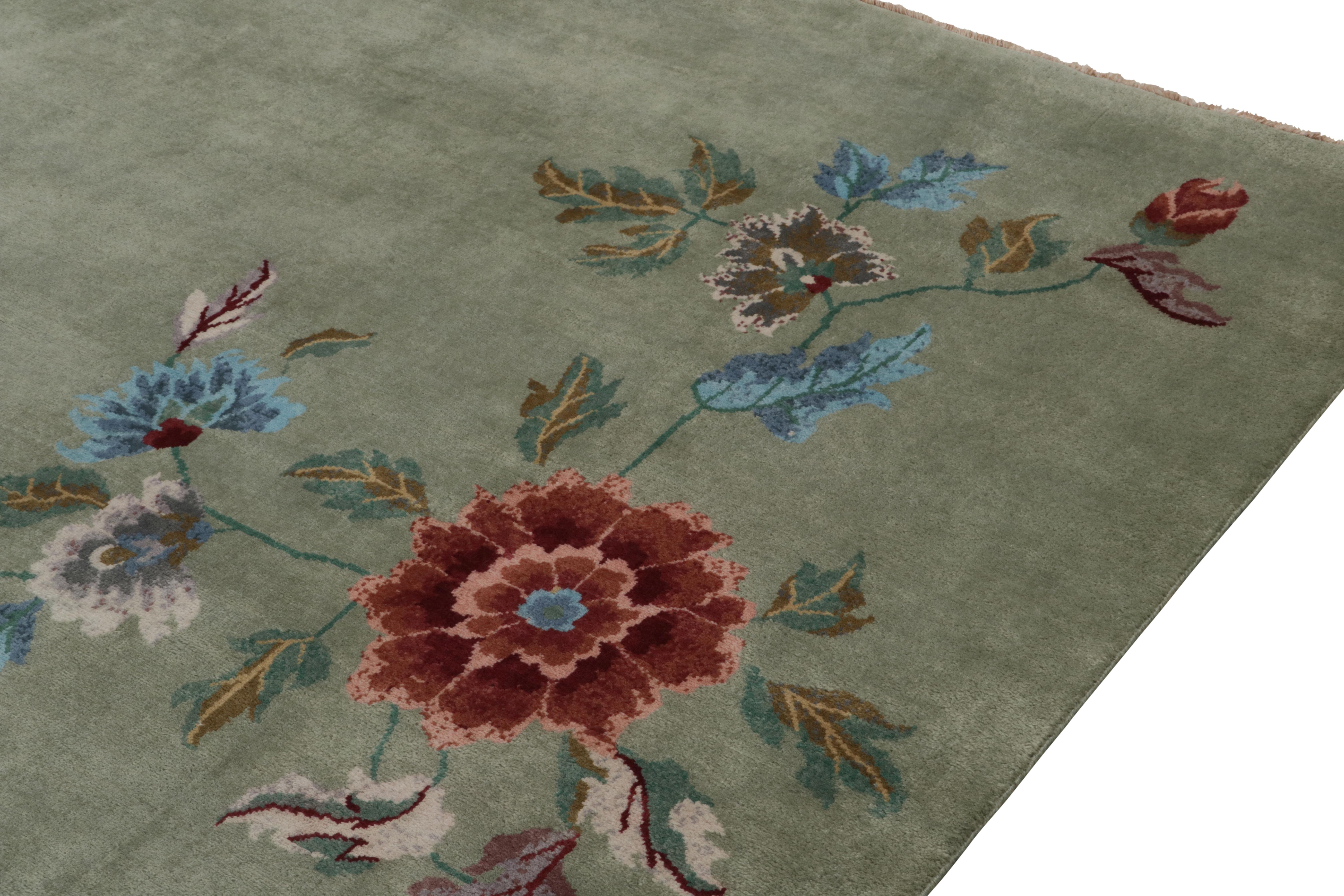 Noué à la main Tapis Art Déco de style chinois de Rug & Kilim en vert avec motifs floraux en vente