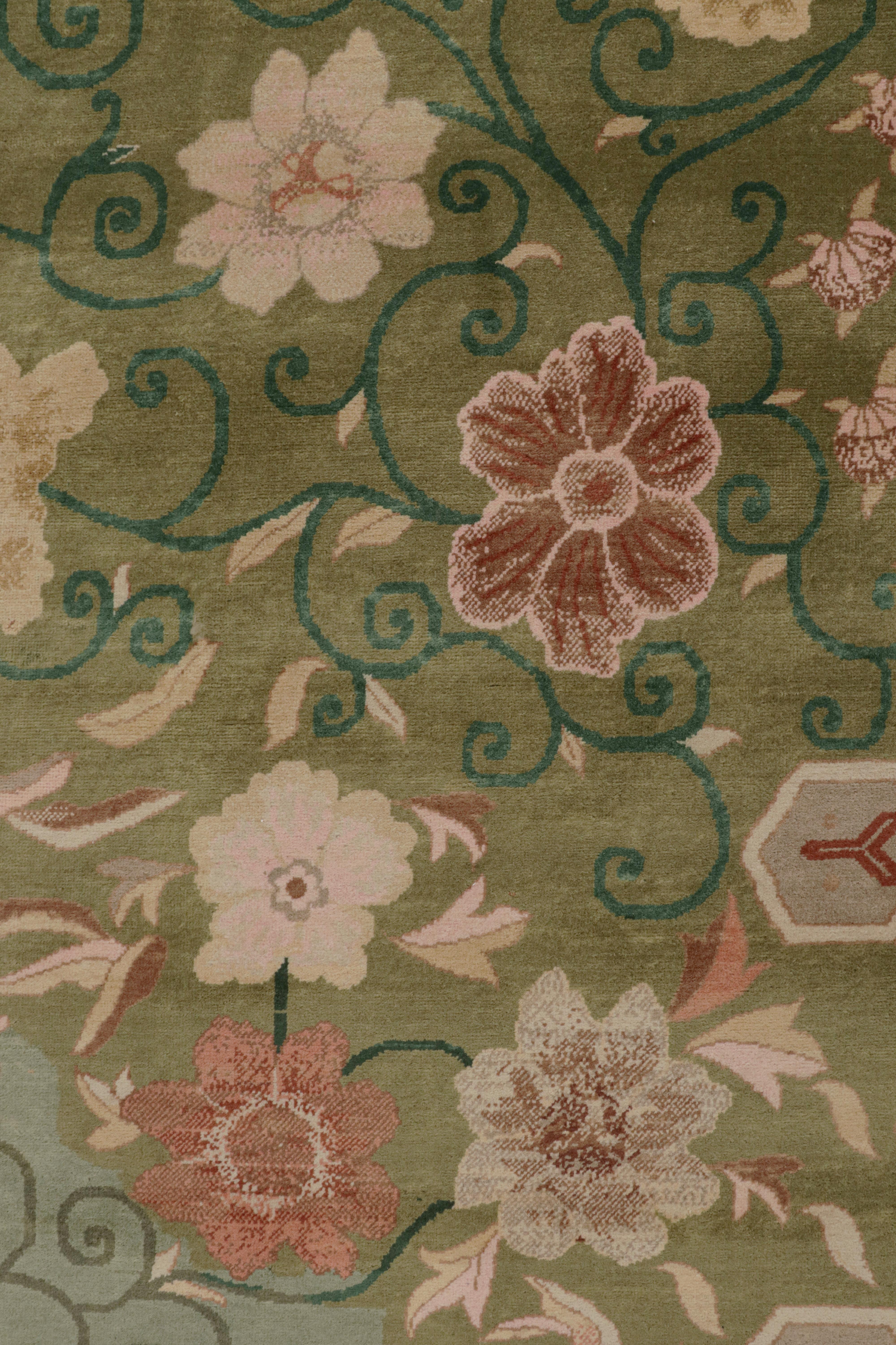 Indian Rug & Kilim’s Chinese Style Art Deco rug in Green with Red & Gold Florals For Sale
