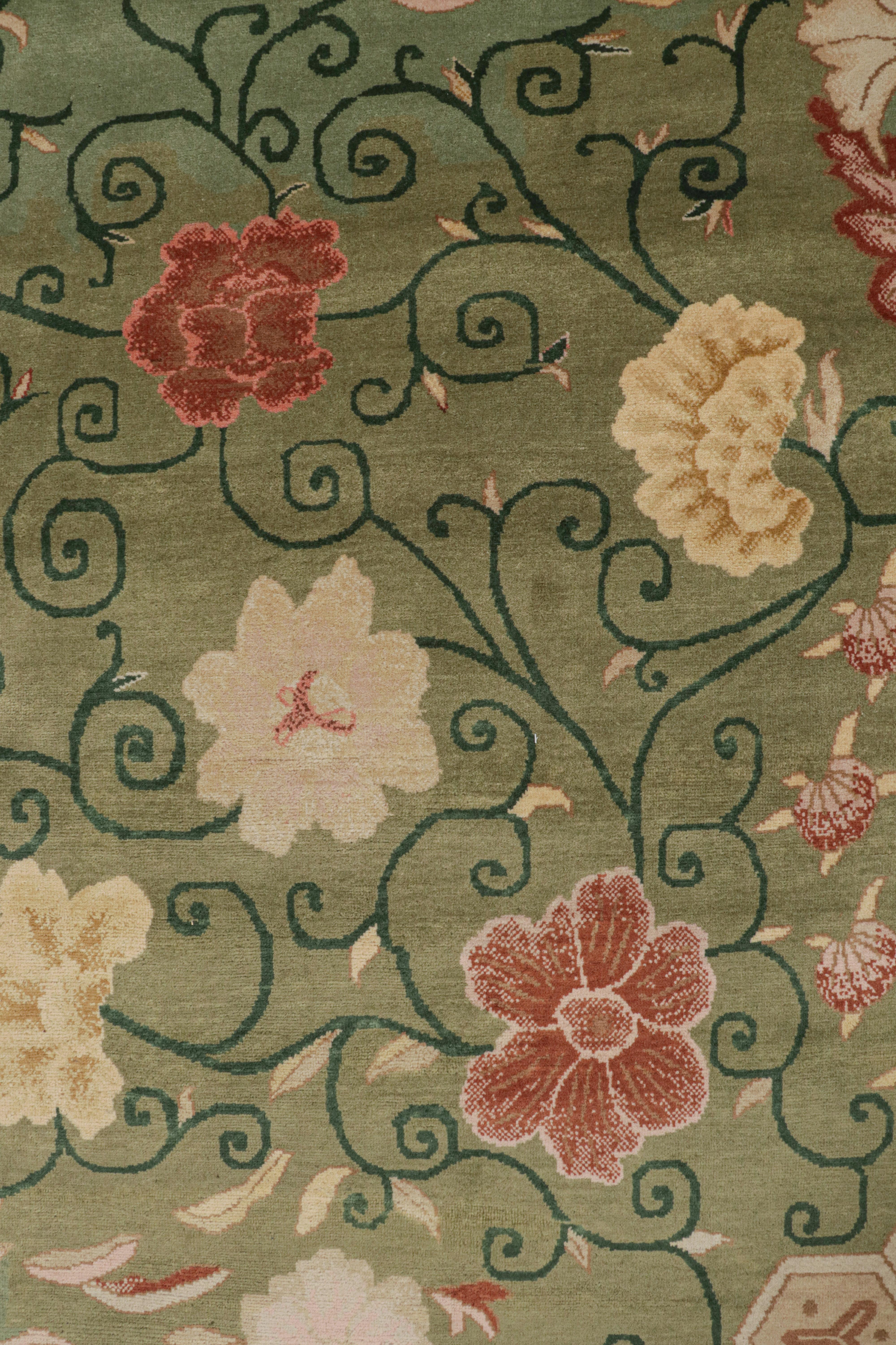 Indian Rug & Kilim’s Chinese Style Art Deco rug in Green with Red & Gold Florals For Sale