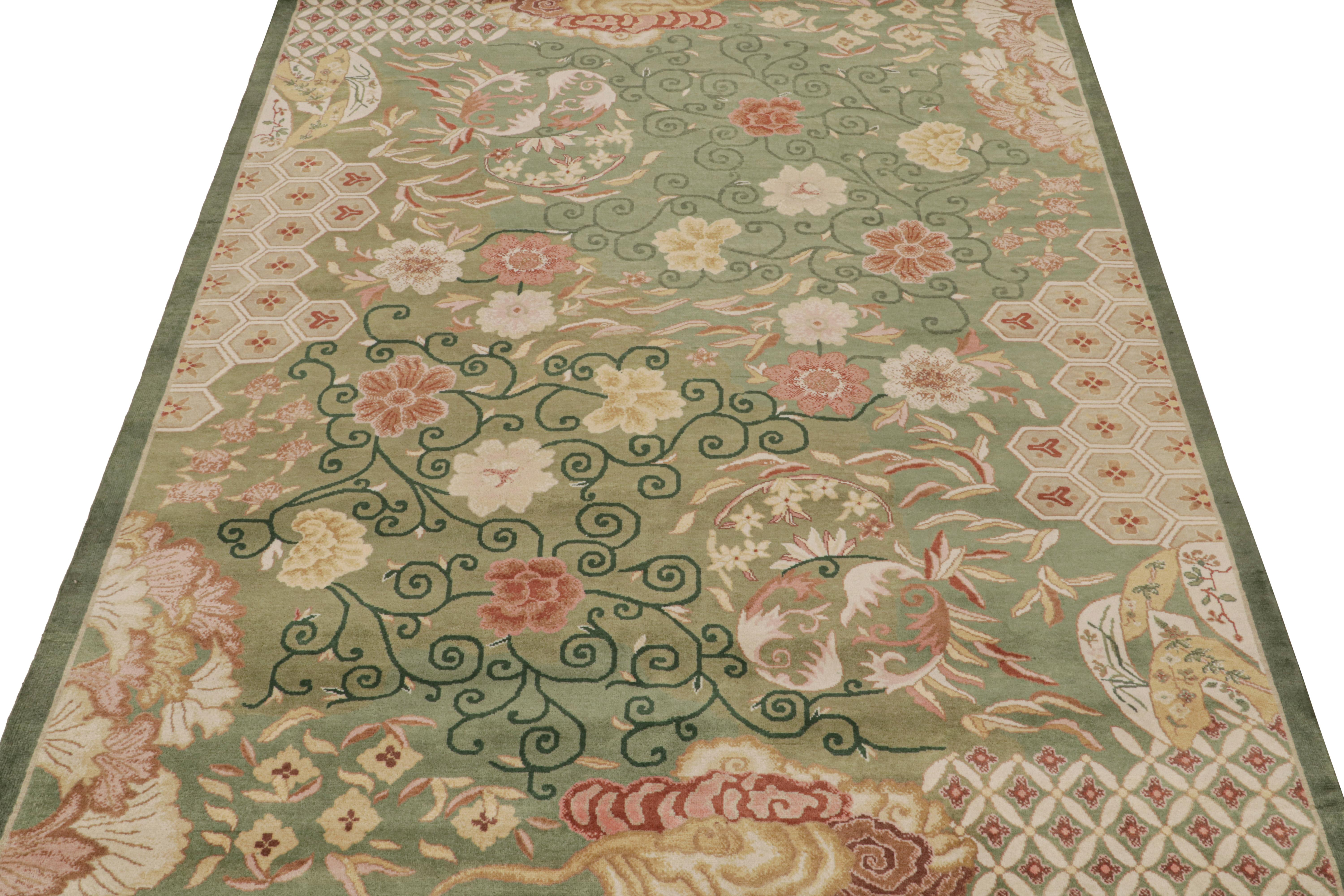 Indian Rug & Kilim’s Chinese Style Art Deco Rug in Green with Red & Gold Florals For Sale