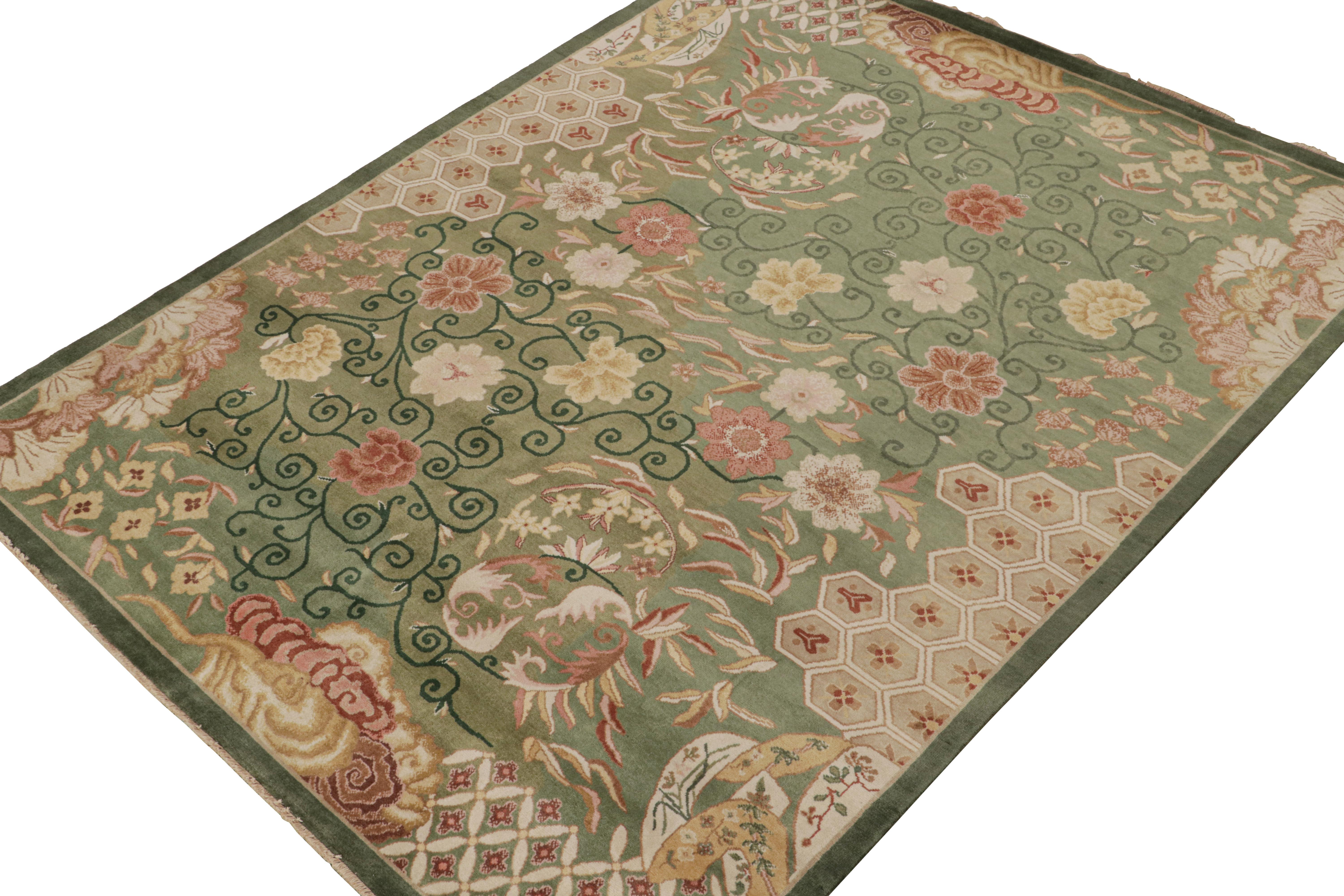 Indian Rug & Kilim’s Chinese Style Art Deco Rug in Green with Red & Gold Florals For Sale