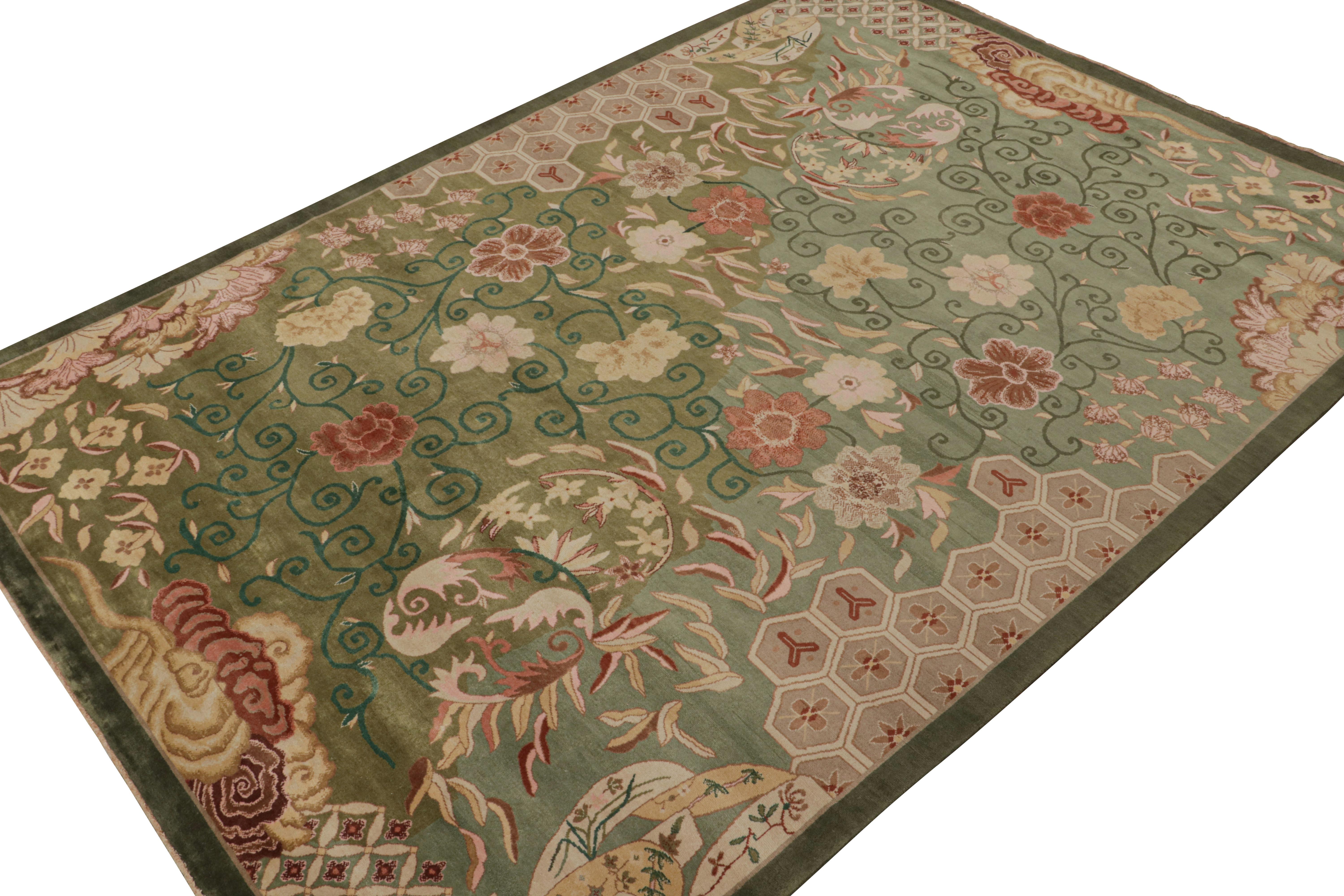 Hand-Knotted Rug & Kilim’s Chinese Style Art Deco rug in Green with Red & Gold Florals For Sale