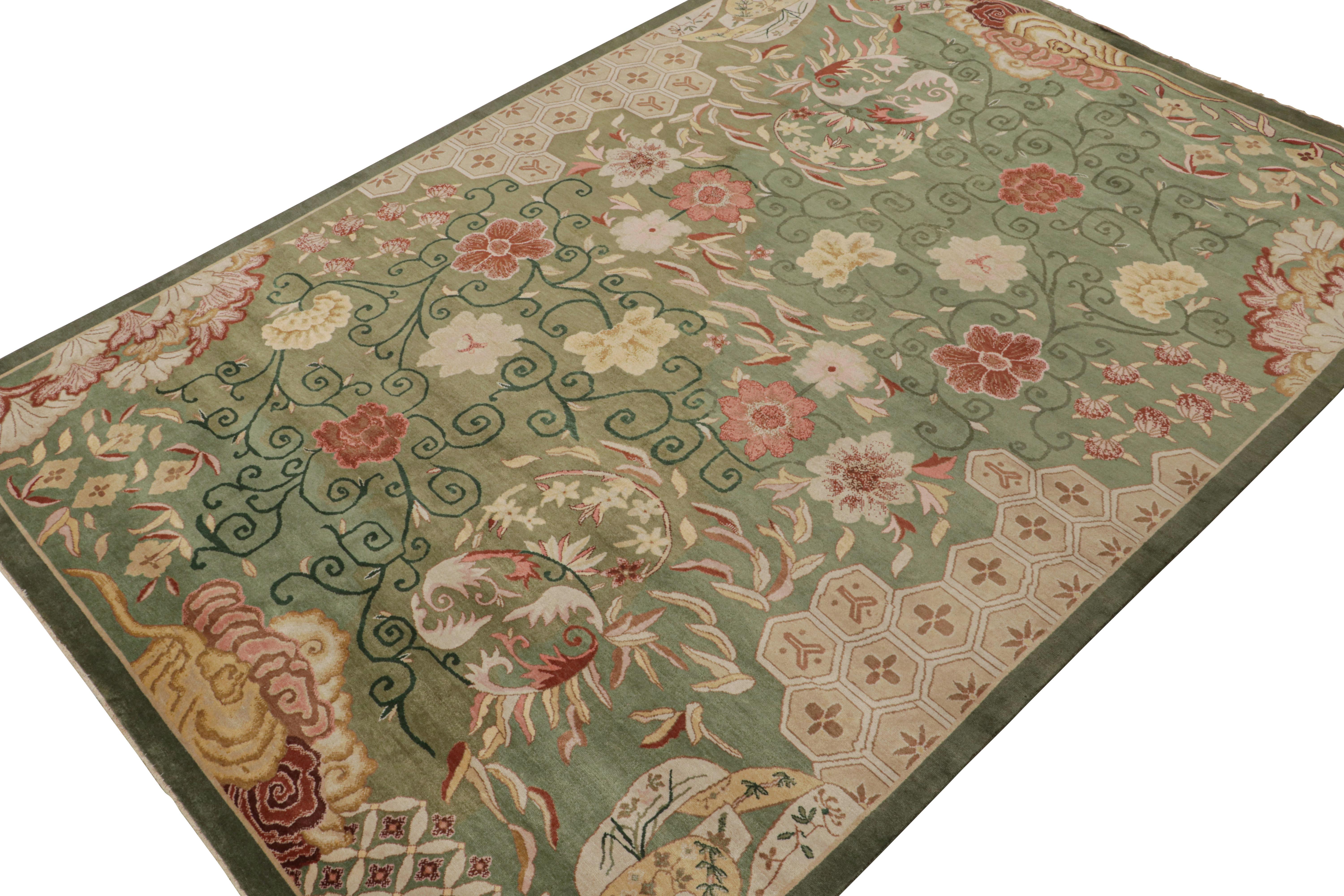 Hand-Knotted Rug & Kilim’s Chinese Style Art Deco rug in Green with Red & Gold Florals For Sale