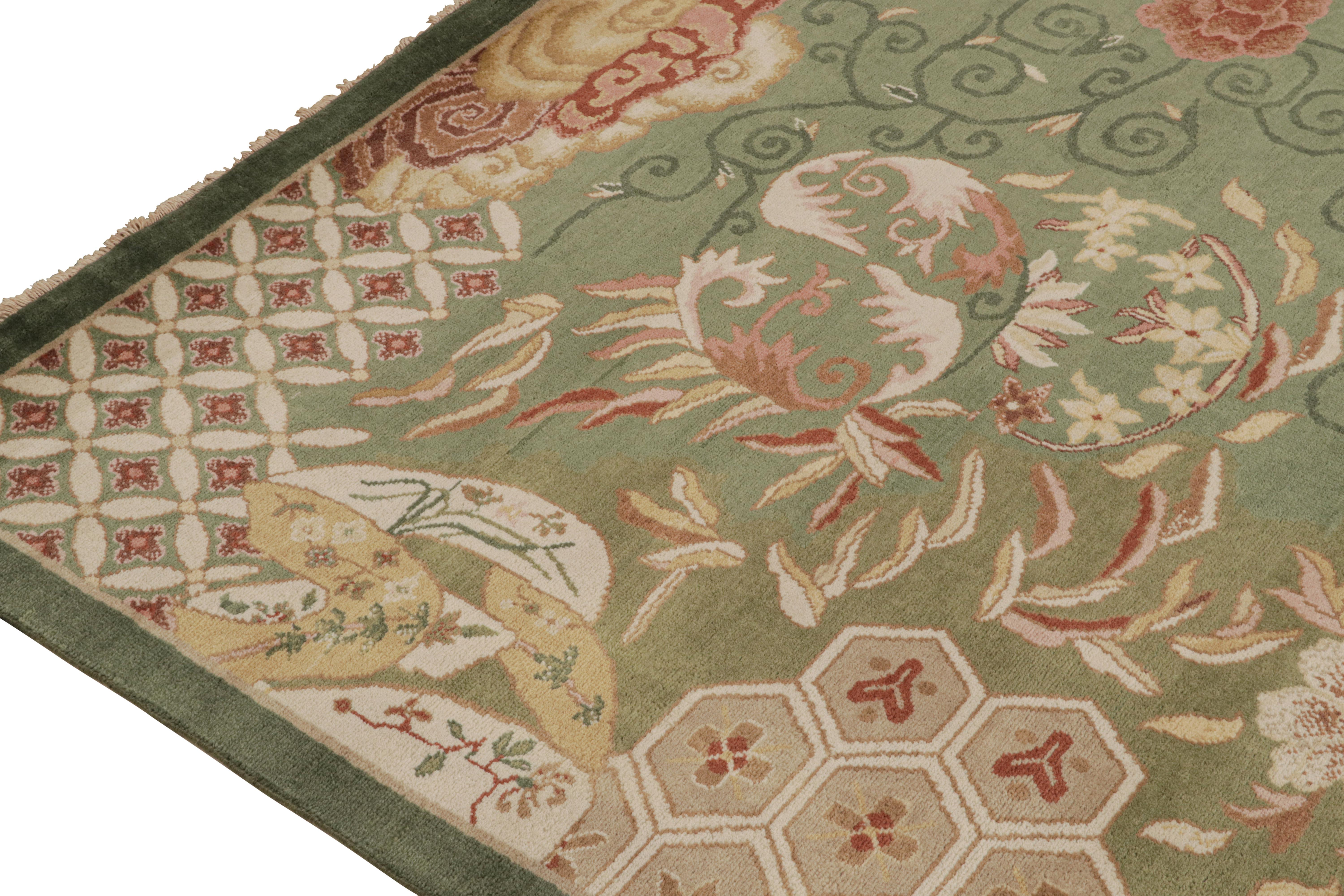 Hand-Knotted Rug & Kilim’s Chinese Style Art Deco Rug in Green with Red & Gold Florals For Sale