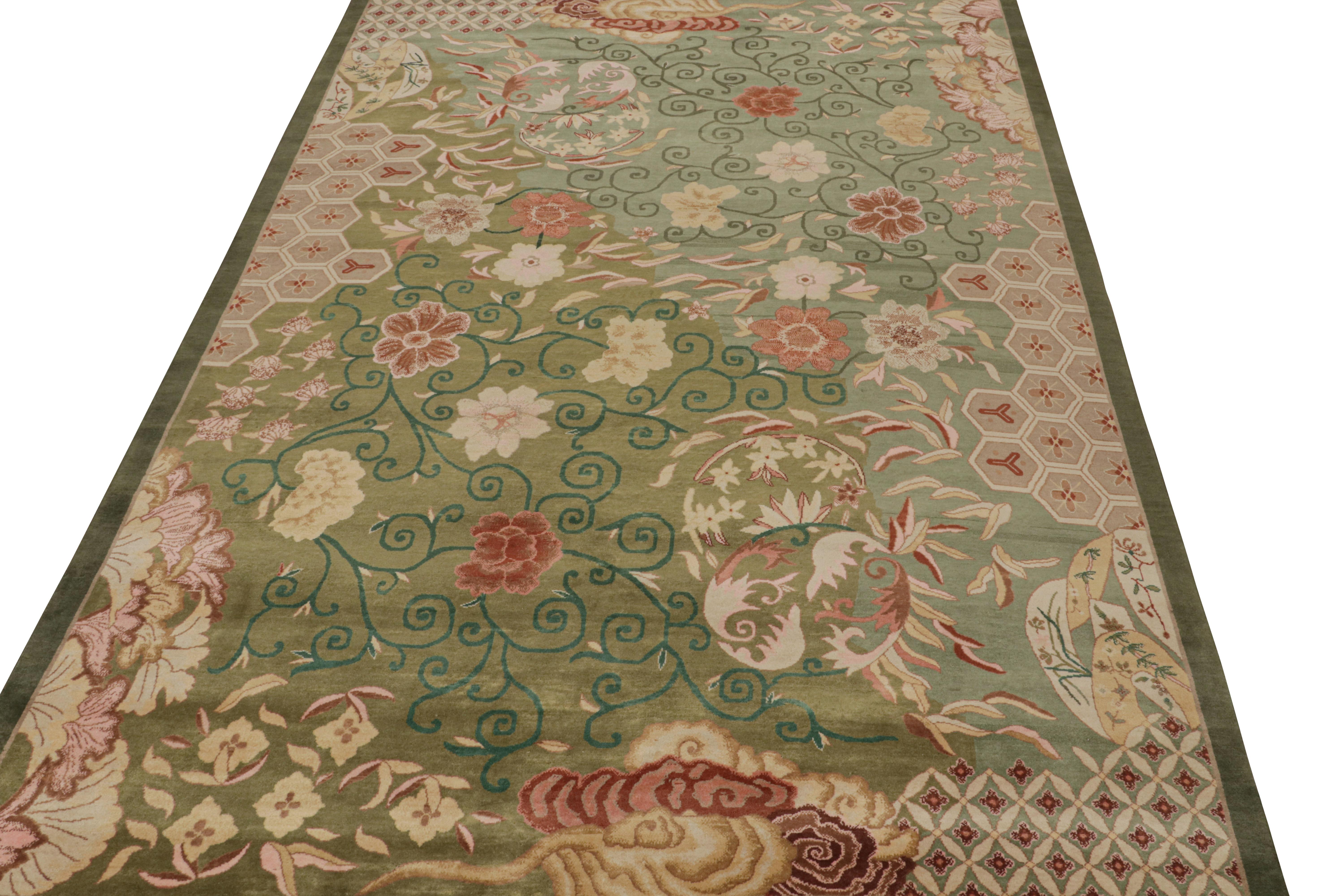 Rug & Kilim’s Chinese Style Art Deco rug in Green with Red & Gold Florals In New Condition For Sale In Long Island City, NY