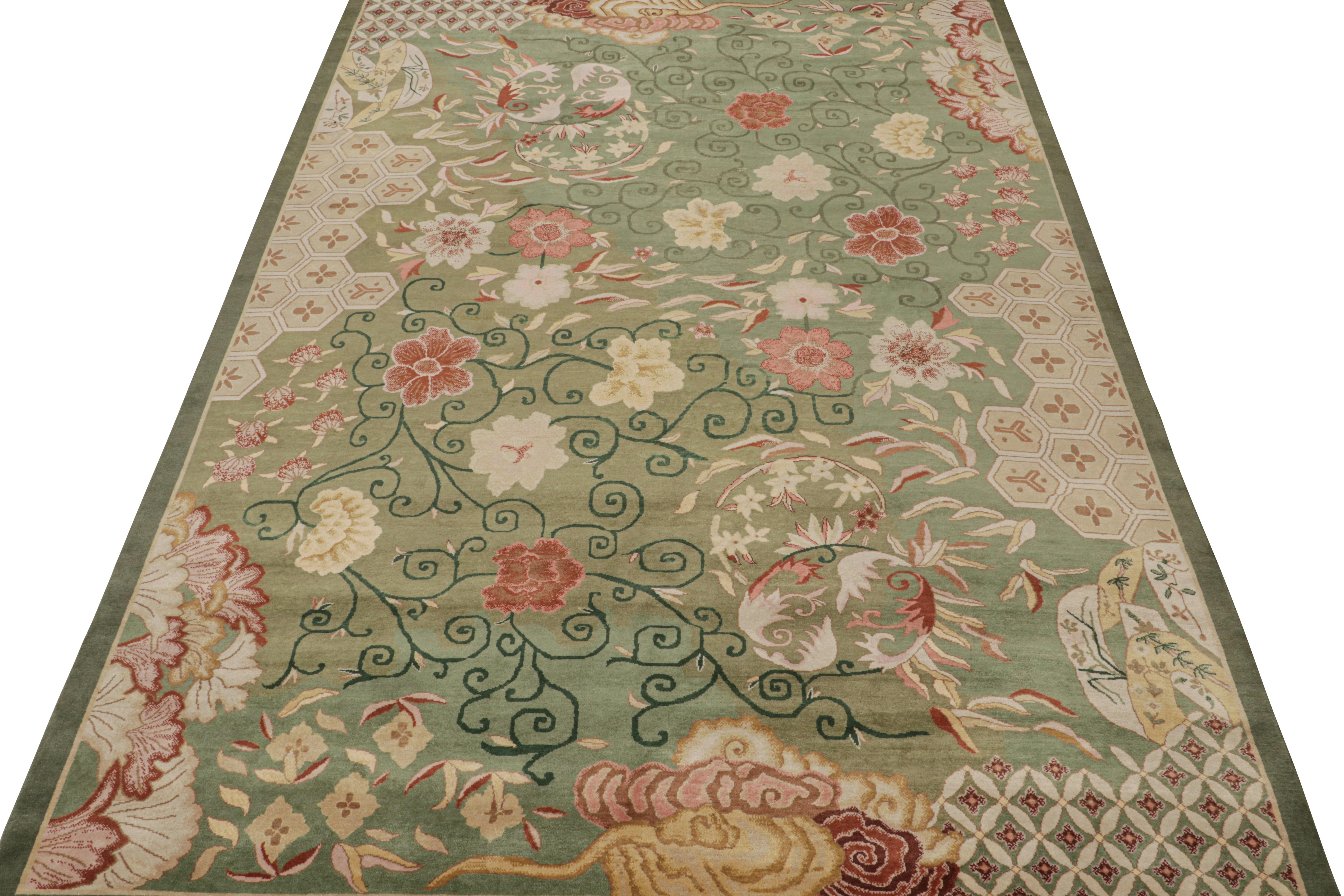 Rug & Kilim’s Chinese Style Art Deco rug in Green with Red & Gold Florals In New Condition For Sale In Long Island City, NY
