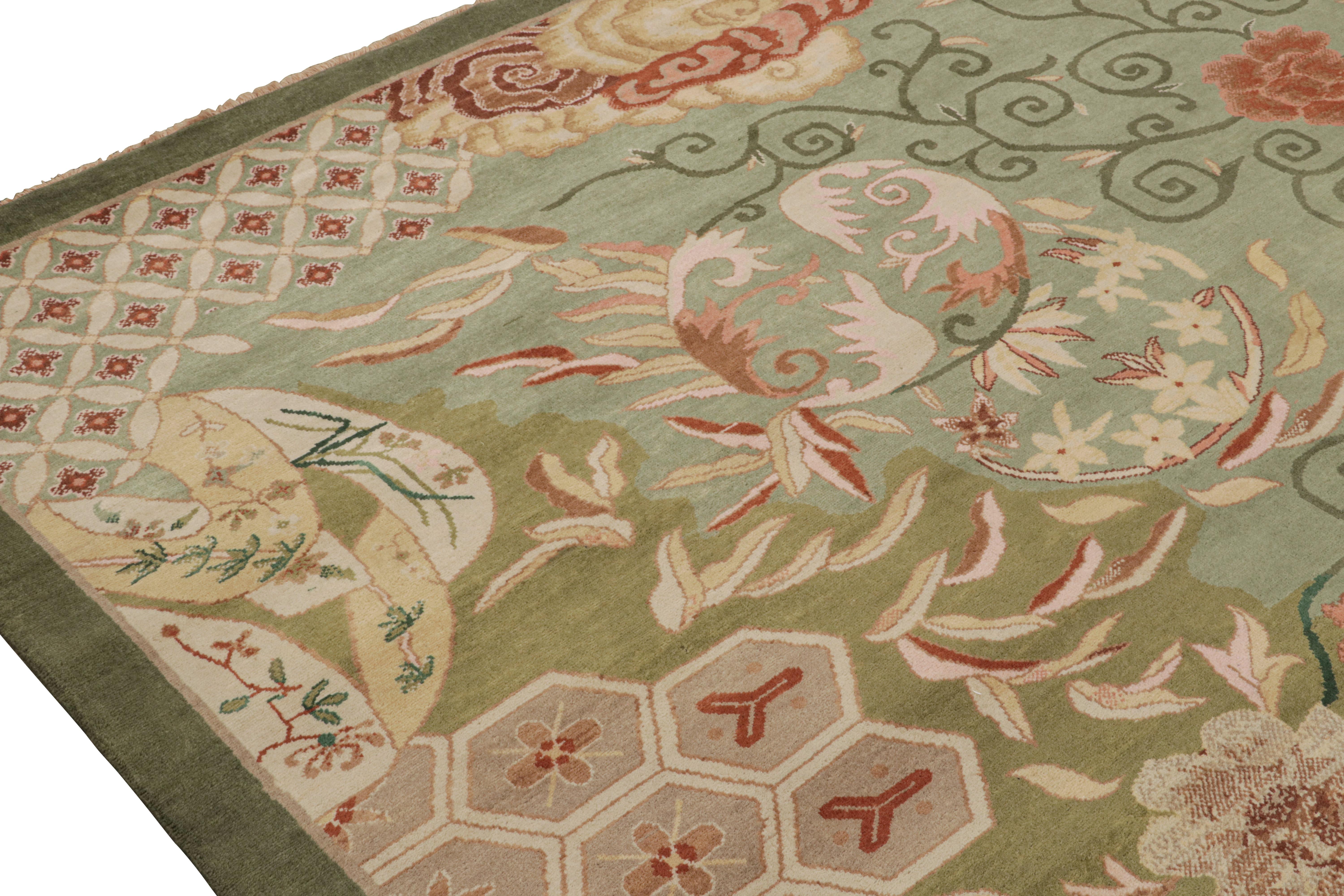 Contemporary Rug & Kilim’s Chinese Style Art Deco rug in Green with Red & Gold Florals For Sale