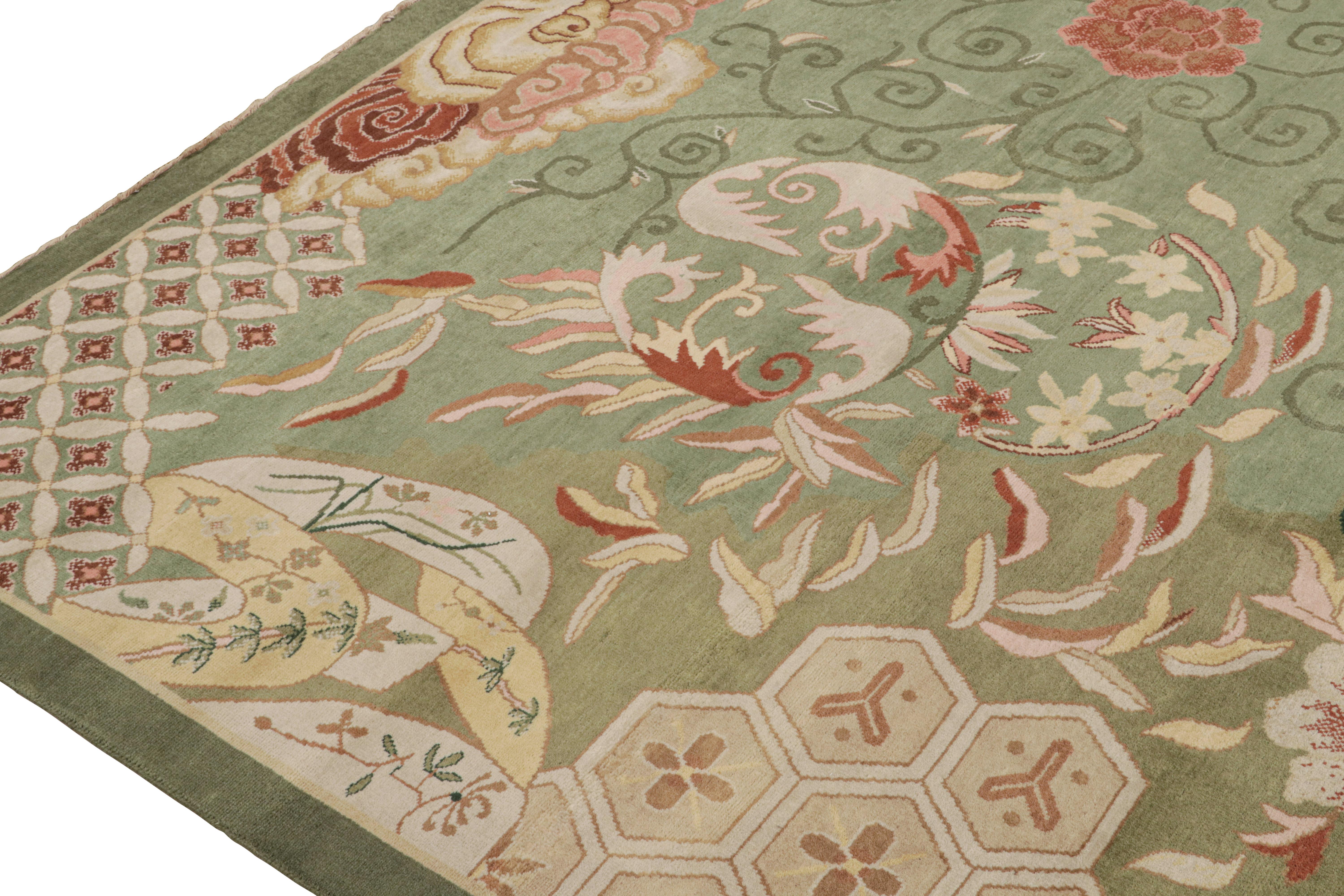 Contemporary Rug & Kilim’s Chinese Style Art Deco rug in Green with Red & Gold Florals For Sale