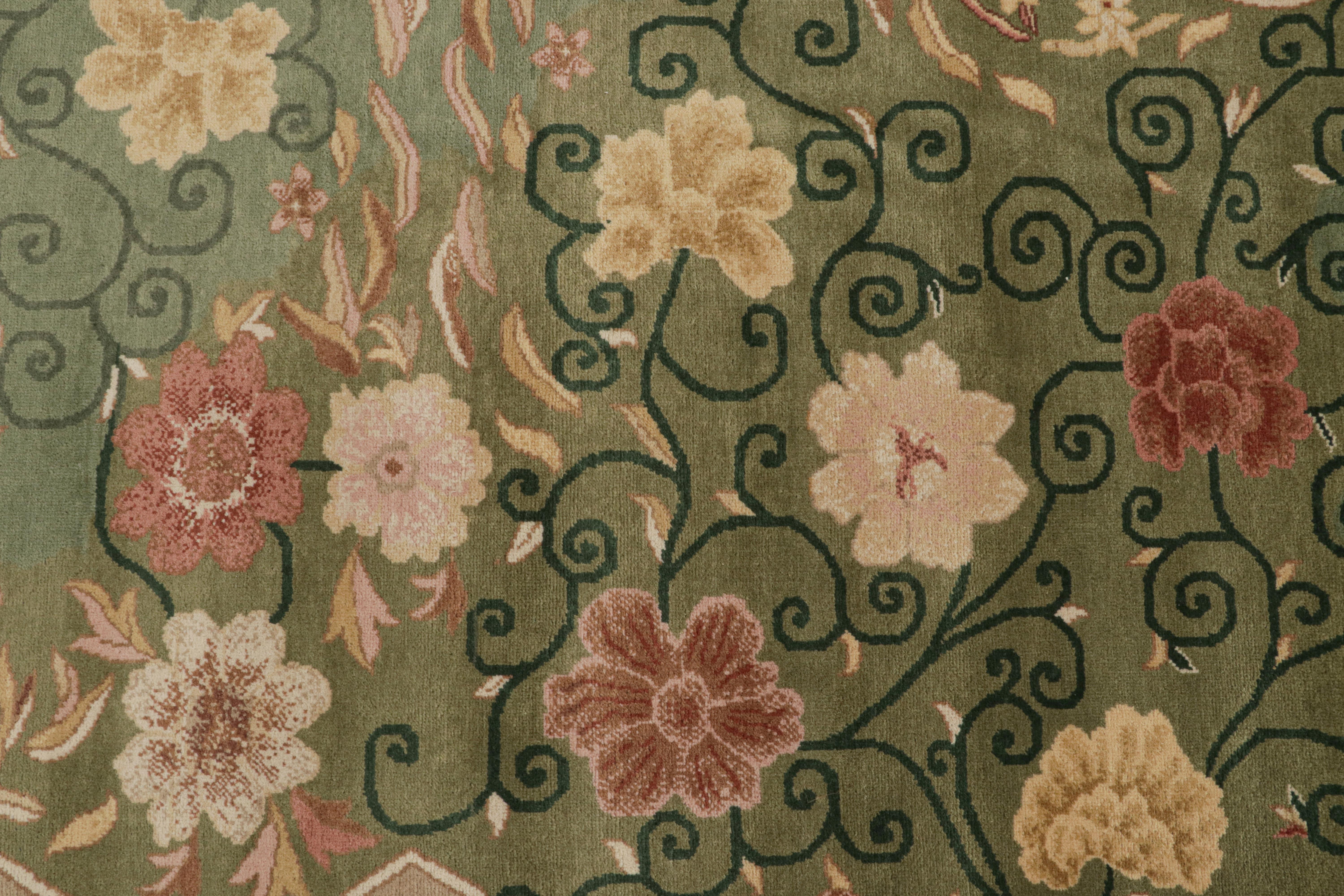 Contemporary Rug & Kilim’s Chinese Style Art Deco Rug in Green with Red & Gold Florals For Sale