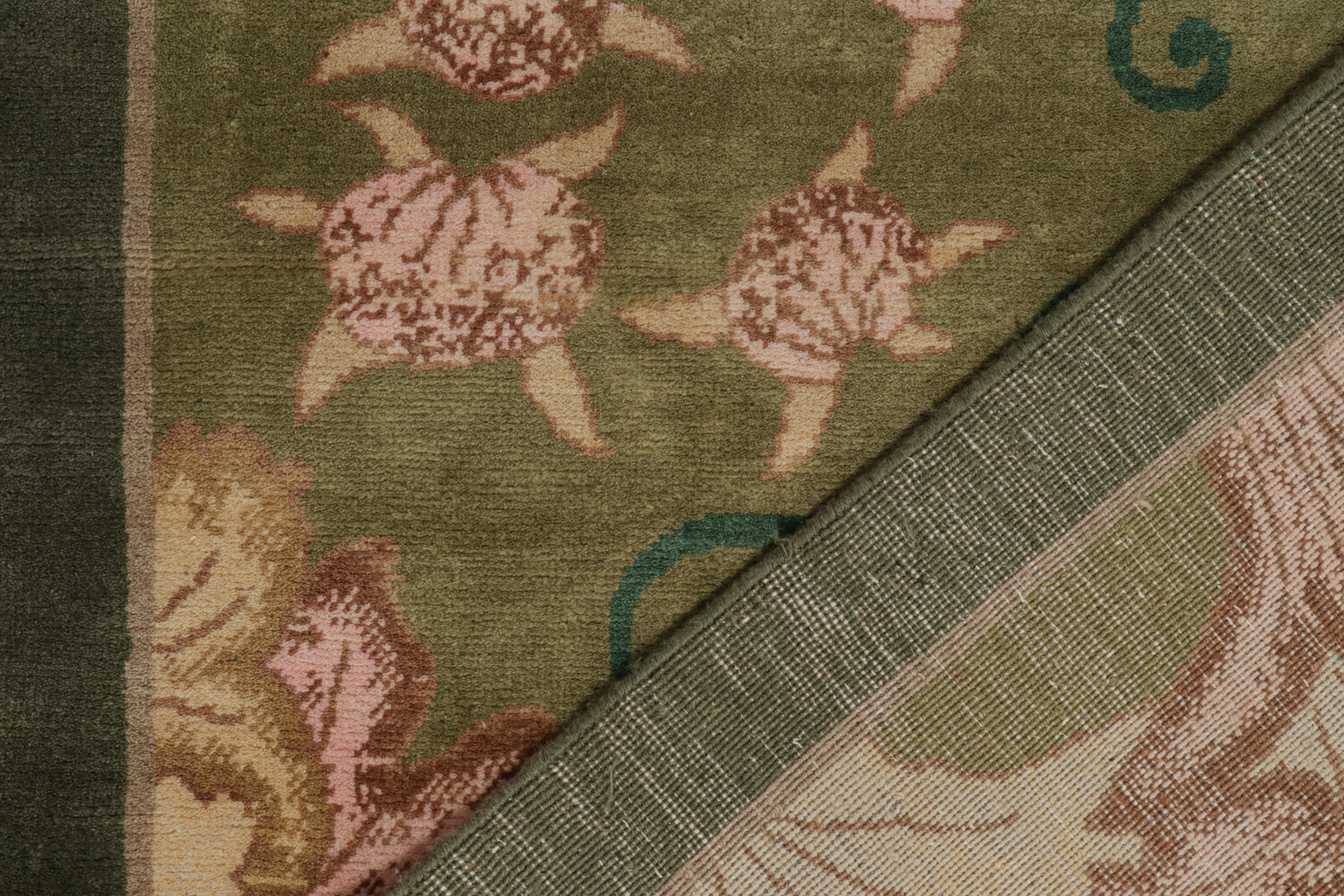Wool Rug & Kilim’s Chinese Style Art Deco rug in Green with Red & Gold Florals For Sale