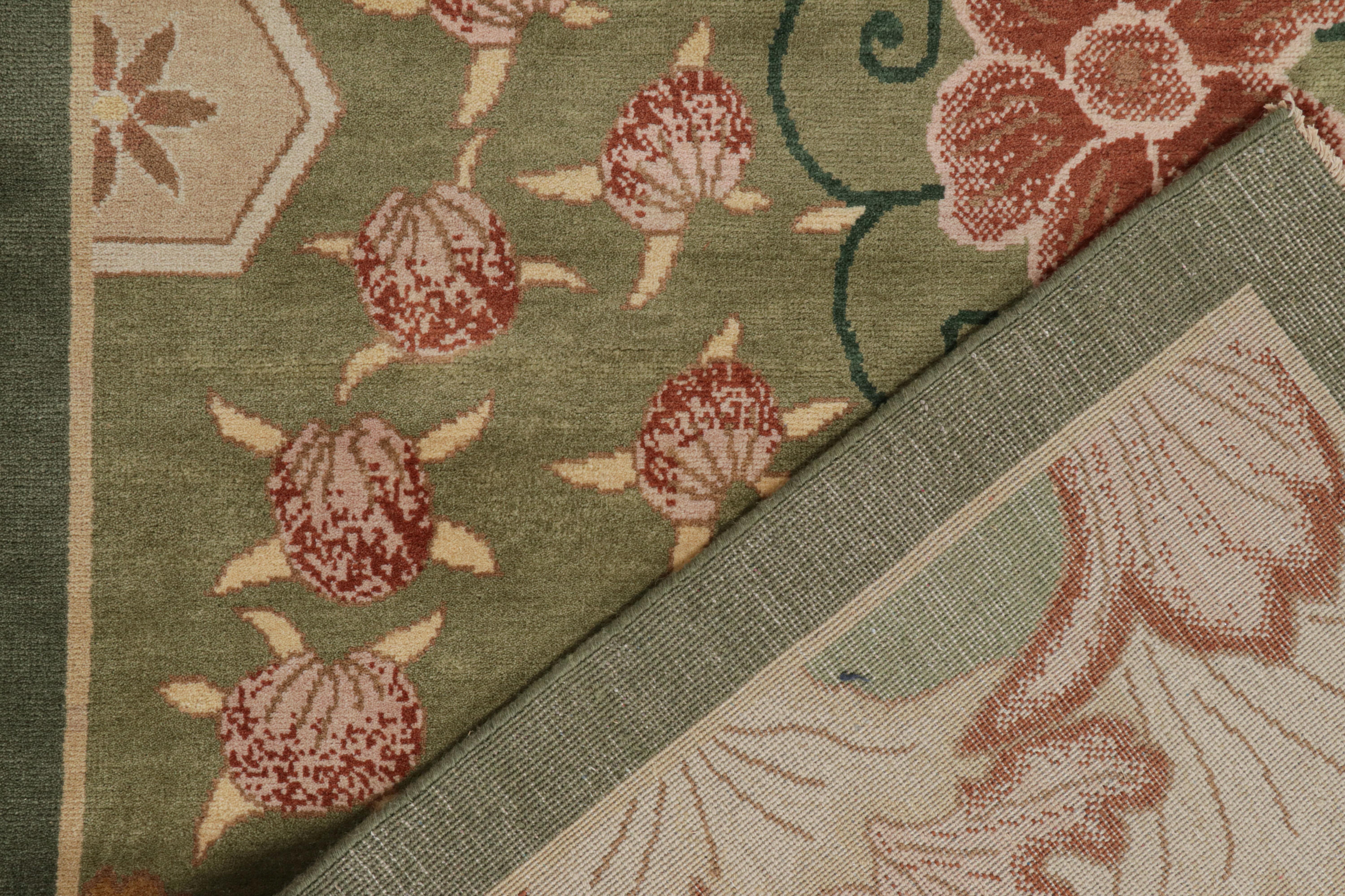 Wool Rug & Kilim’s Chinese Style Art Deco rug in Green with Red & Gold Florals For Sale