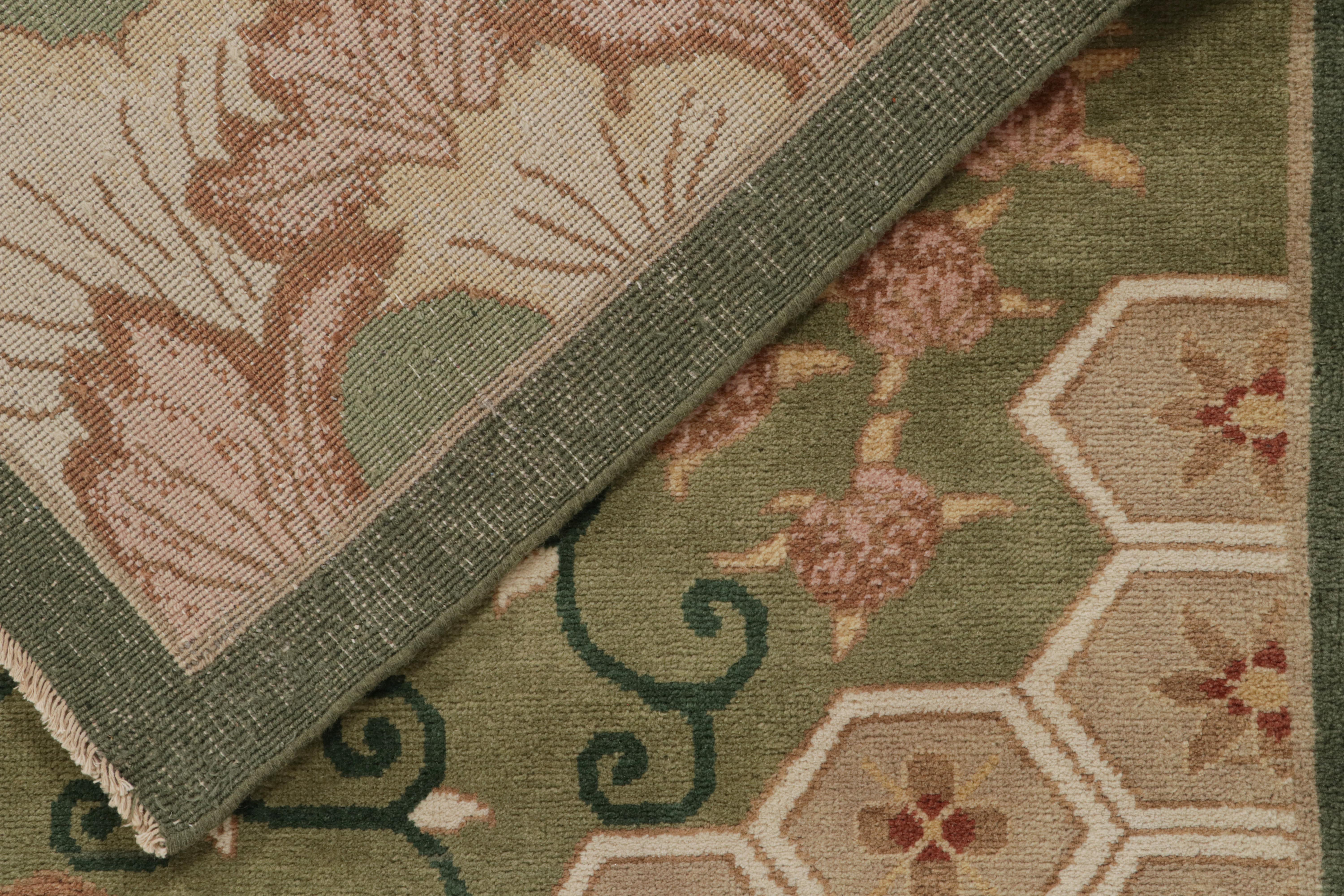 Wool Rug & Kilim’s Chinese Style Art Deco Rug in Green with Red & Gold Florals For Sale