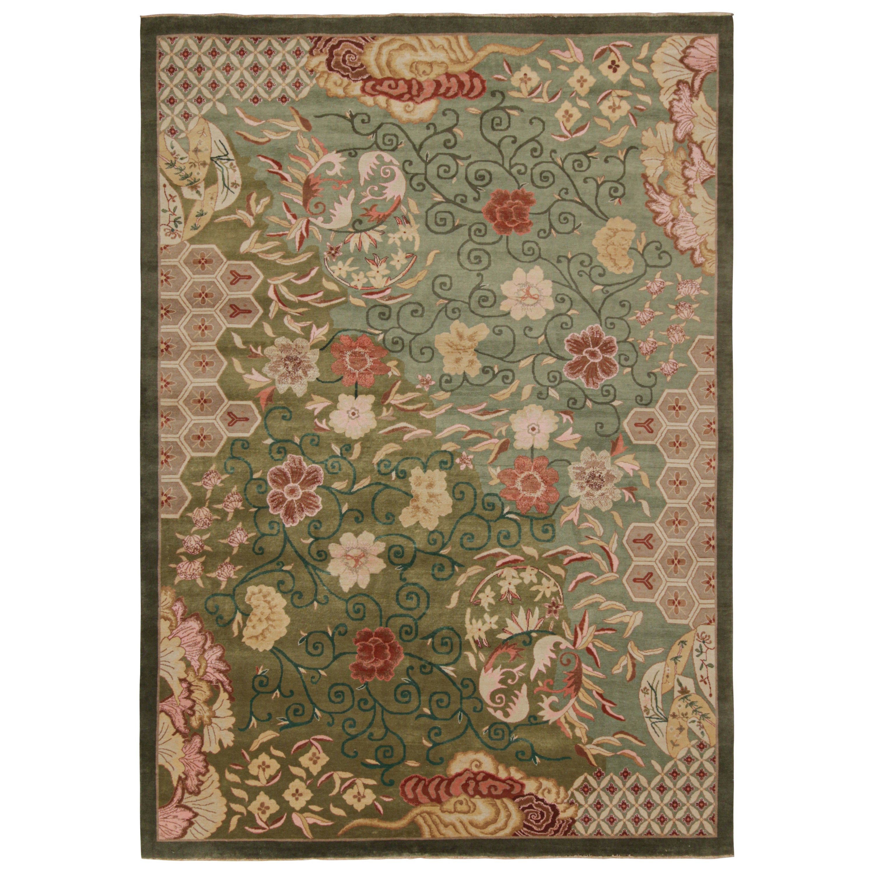 Rug & Kilim’s Chinese Style Art Deco rug in Green with Red & Gold Florals For Sale