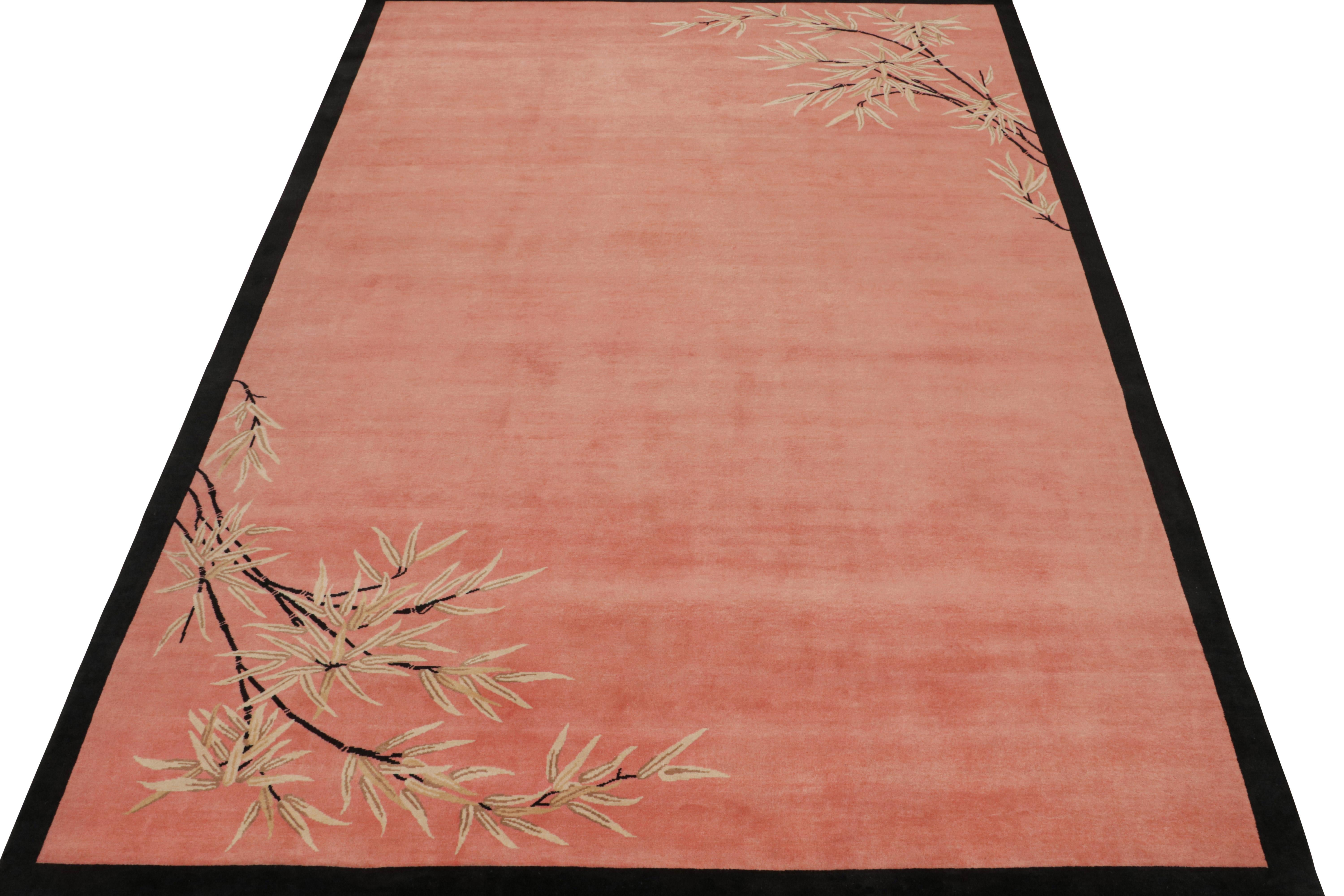 Indian Rug & Kilim’s Chinese Style Art Deco Rug in Pink & Black with Floral Patterns For Sale
