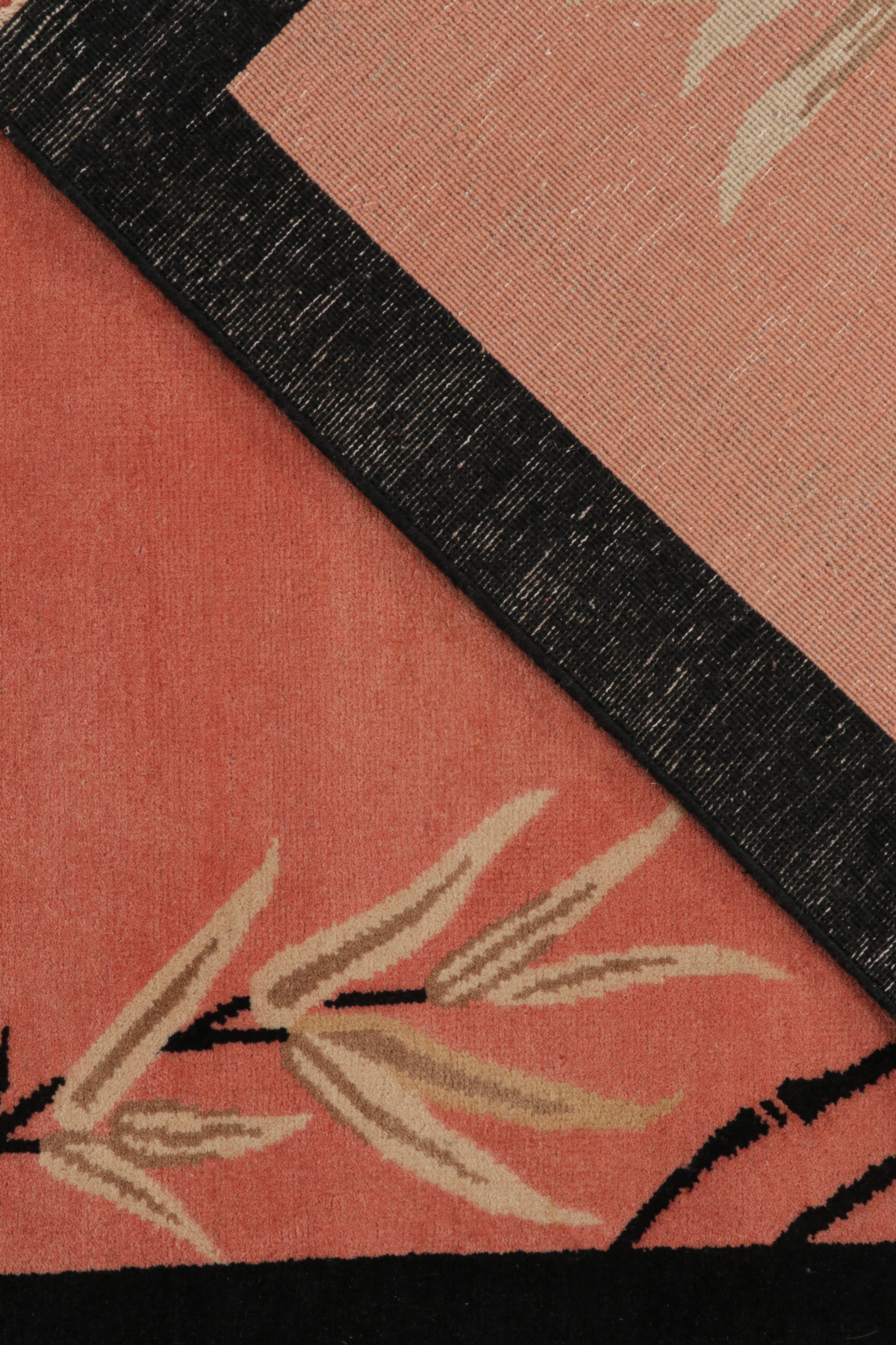 Wool Rug & Kilim’s Chinese Style Art Deco Rug in Pink & Black with Floral Patterns For Sale