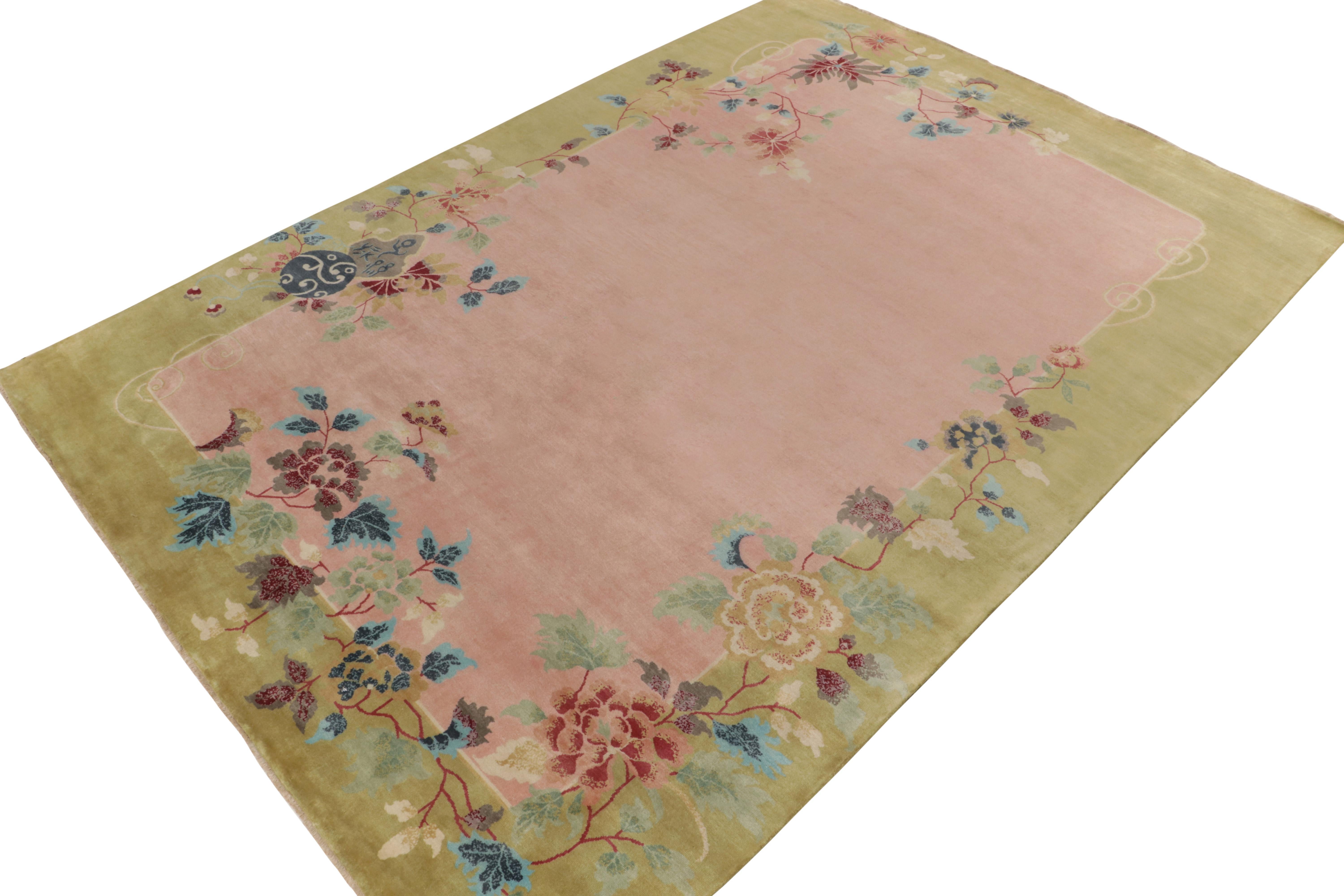 Hand-knotted in wool, a 10x14 ode to Chinese Art Deco rugs from the inspired new Deco Collection by Rug & Kilim. 

On the Design: The bejeweled piece enjoys a whimsical pink open field beautifully encased in a greenish-gold border, with floral