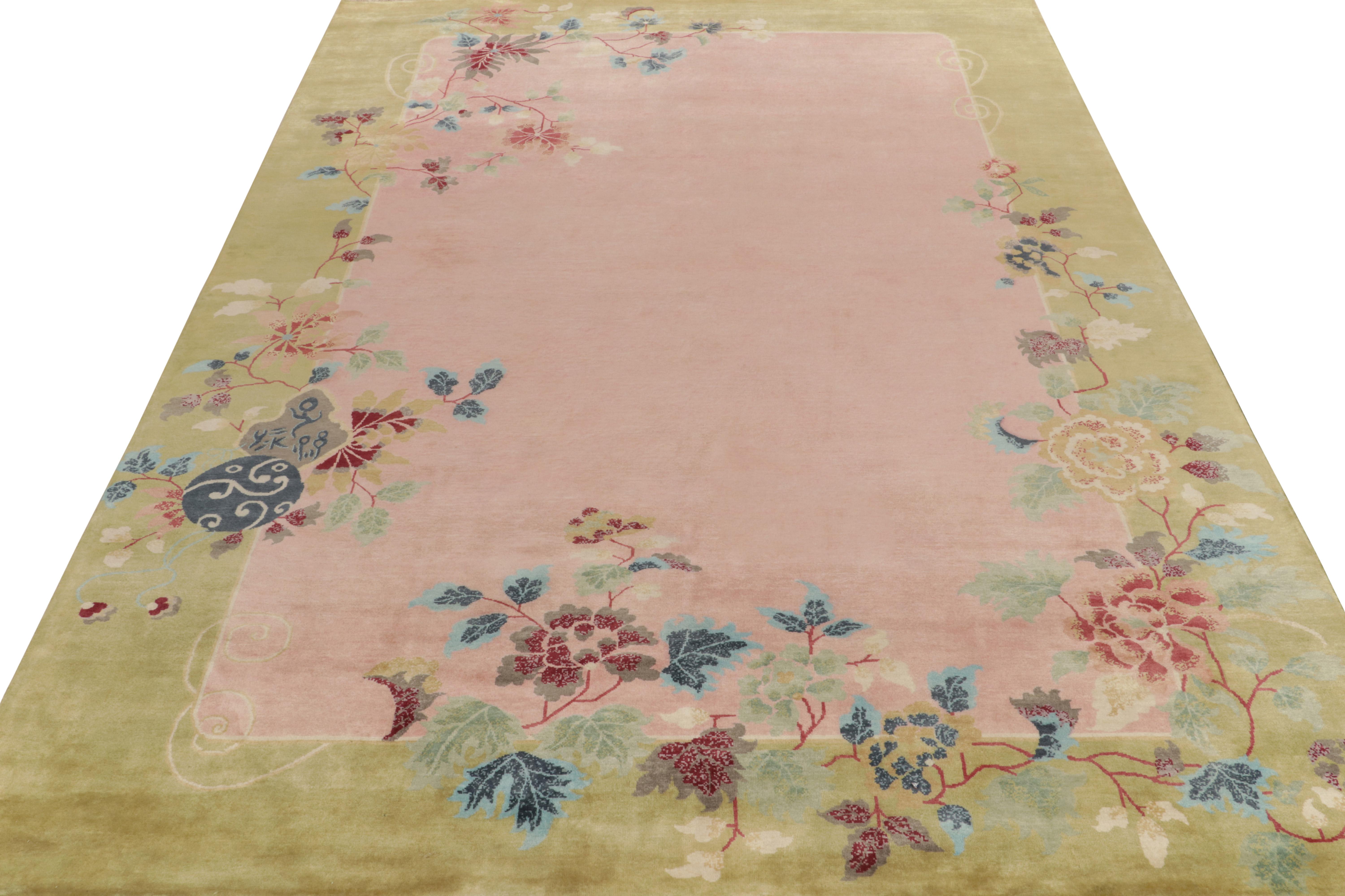 Indian Rug & Kilim’s Chinese Style Art Deco rug in Pink, Green Border & Floral Patterns For Sale