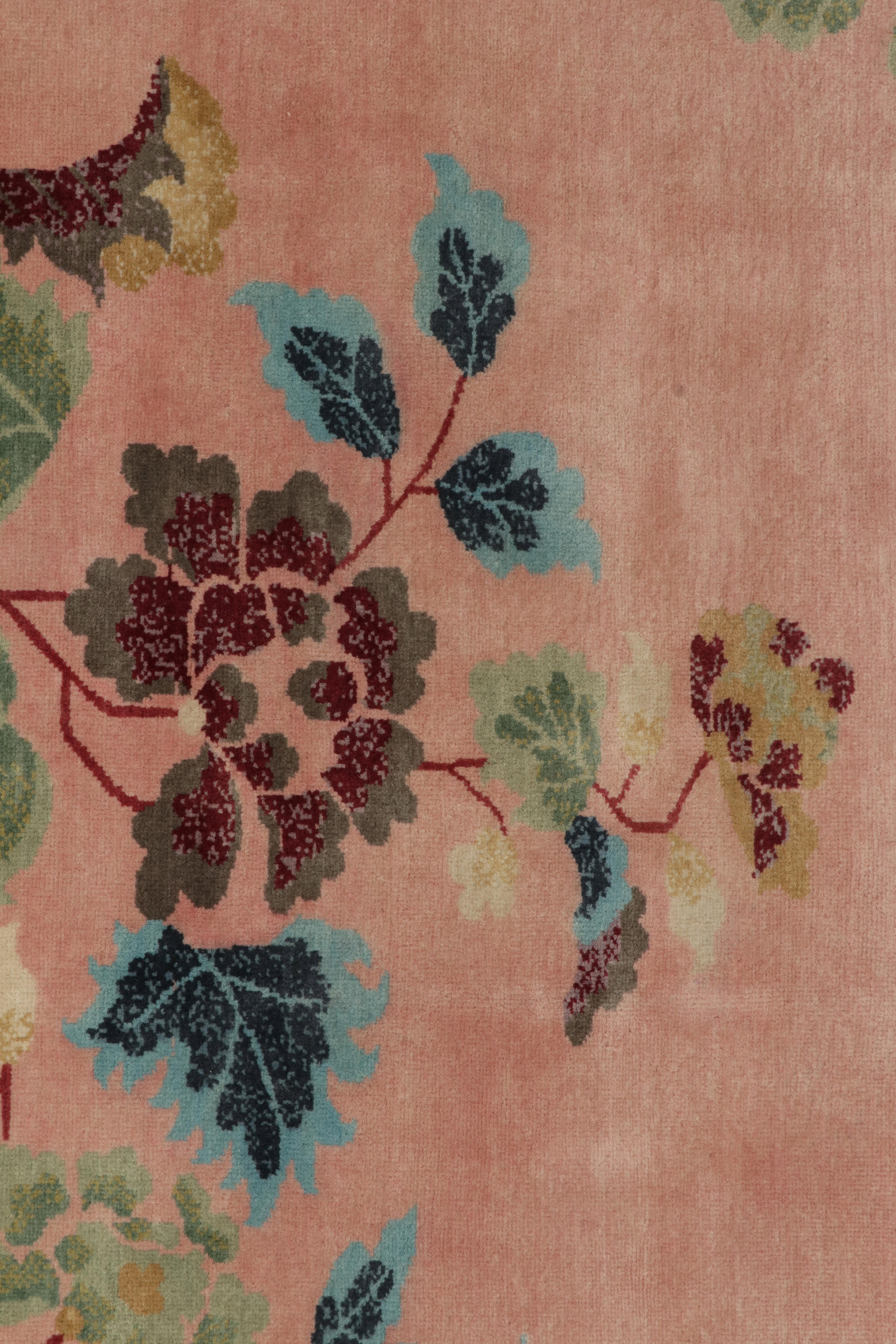 Contemporary Rug & Kilim’s Chinese Style Art Deco rug in Pink, Green Border & Floral Patterns For Sale