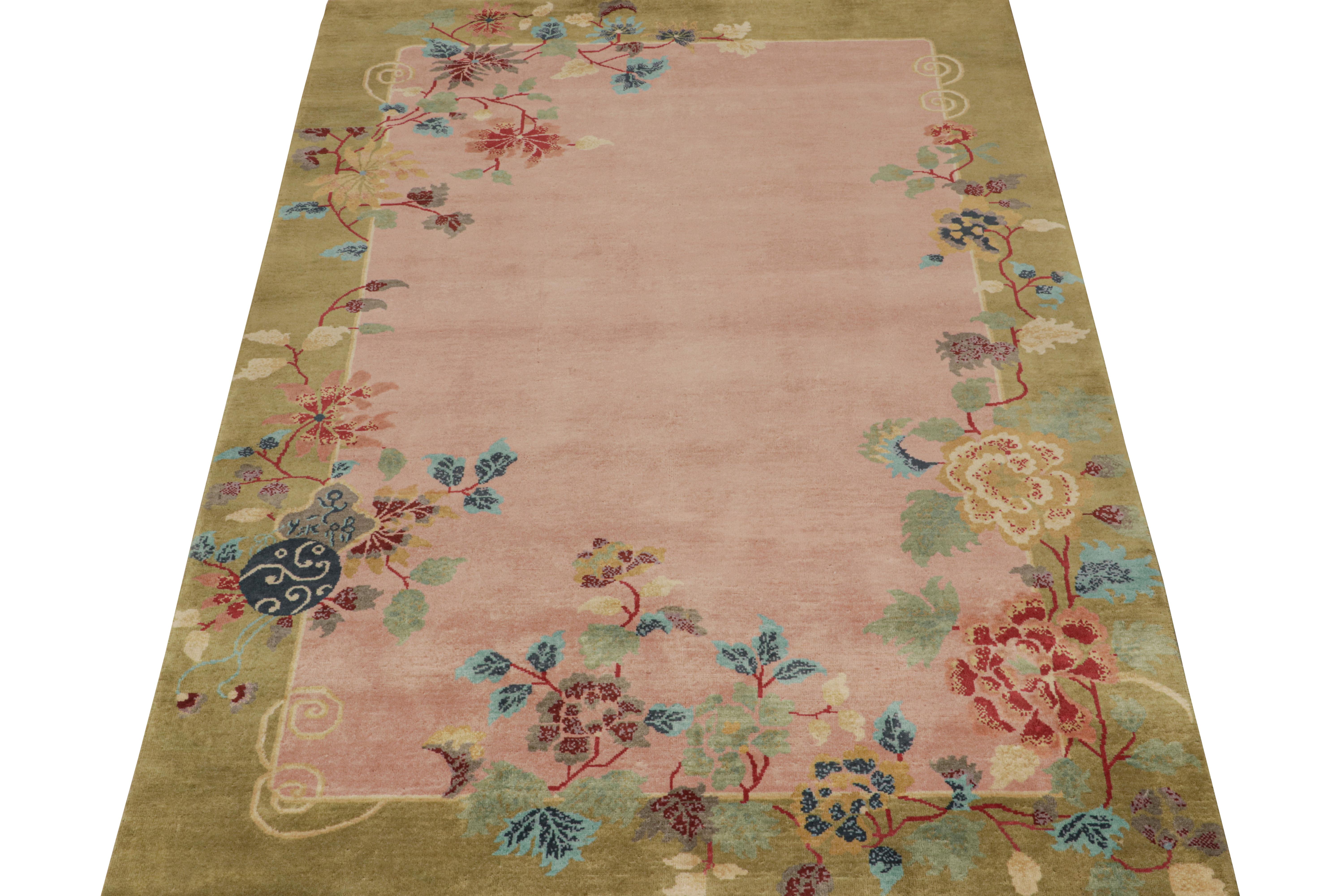 Indian Rug & Kilim’s Chinese Style Art Deco rug in Pink & Green with Colorful Florals For Sale