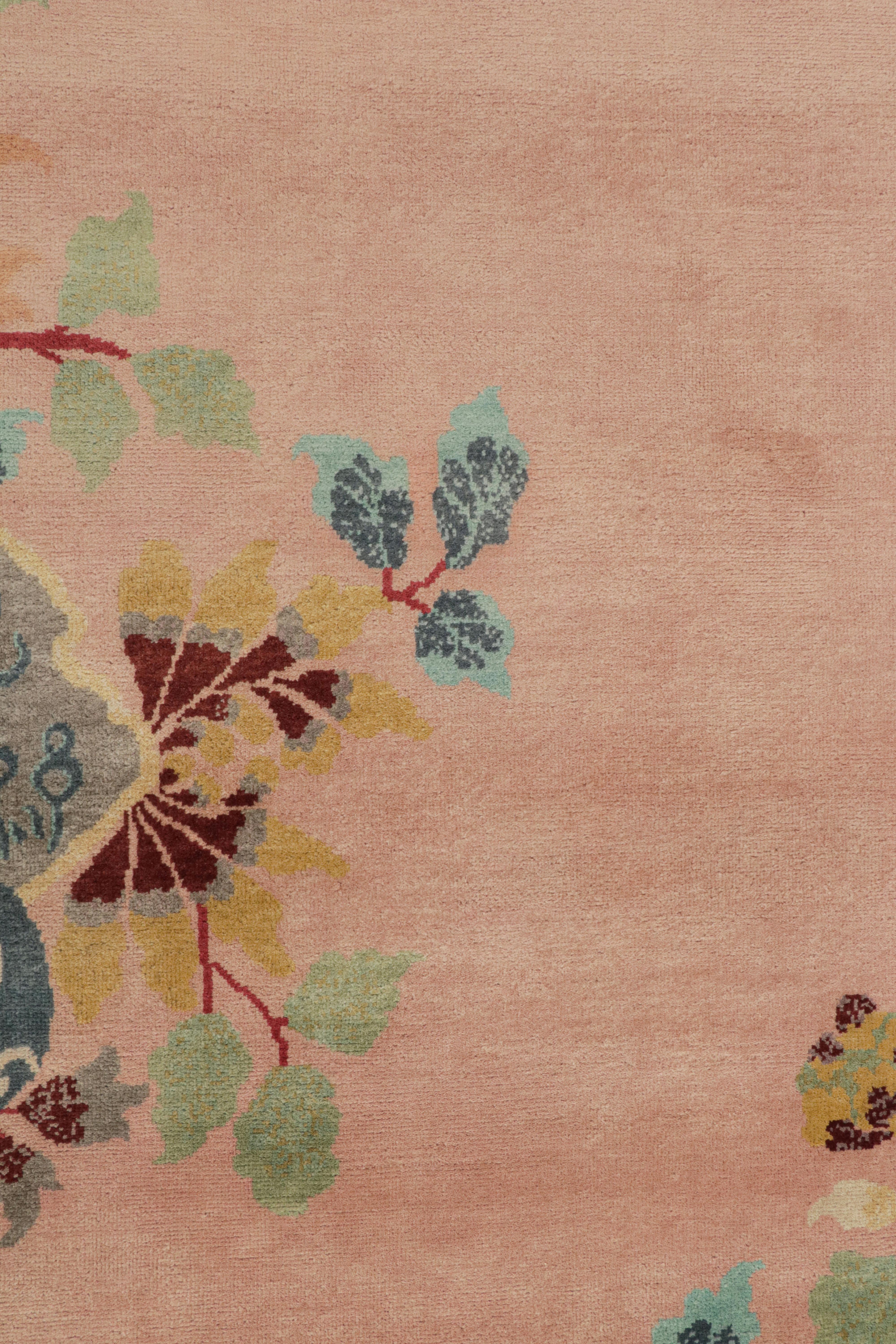Indian Rug & Kilim’s Chinese Style Art Deco rug in Pink & Green with Colorful Florals For Sale