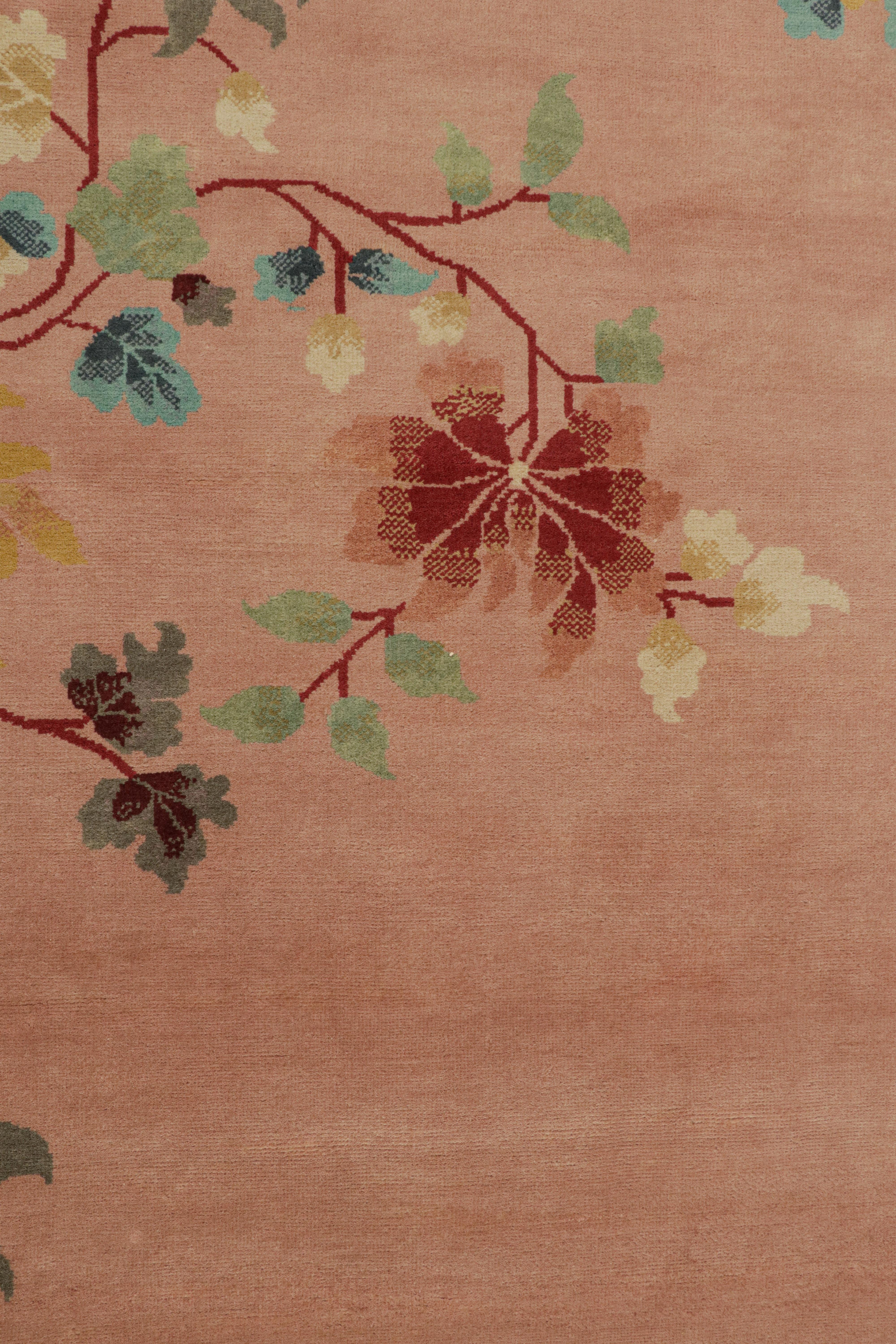 Indian Rug & Kilim’s Chinese Style Art Deco rug in Pink & Green with Colorful Florals For Sale