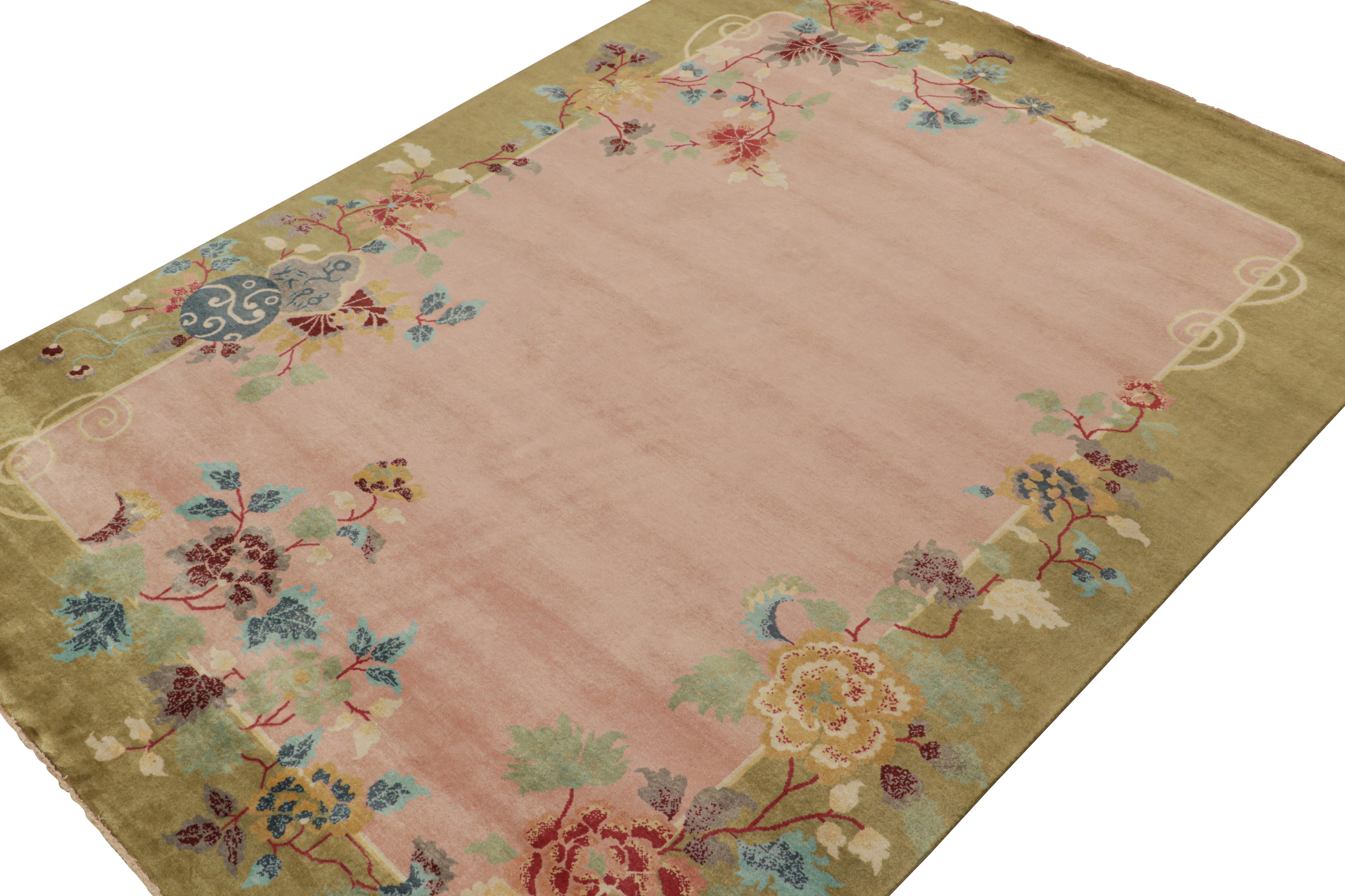 Hand-Knotted Rug & Kilim’s Chinese Style Art Deco rug in Pink & Green with Colorful Florals For Sale