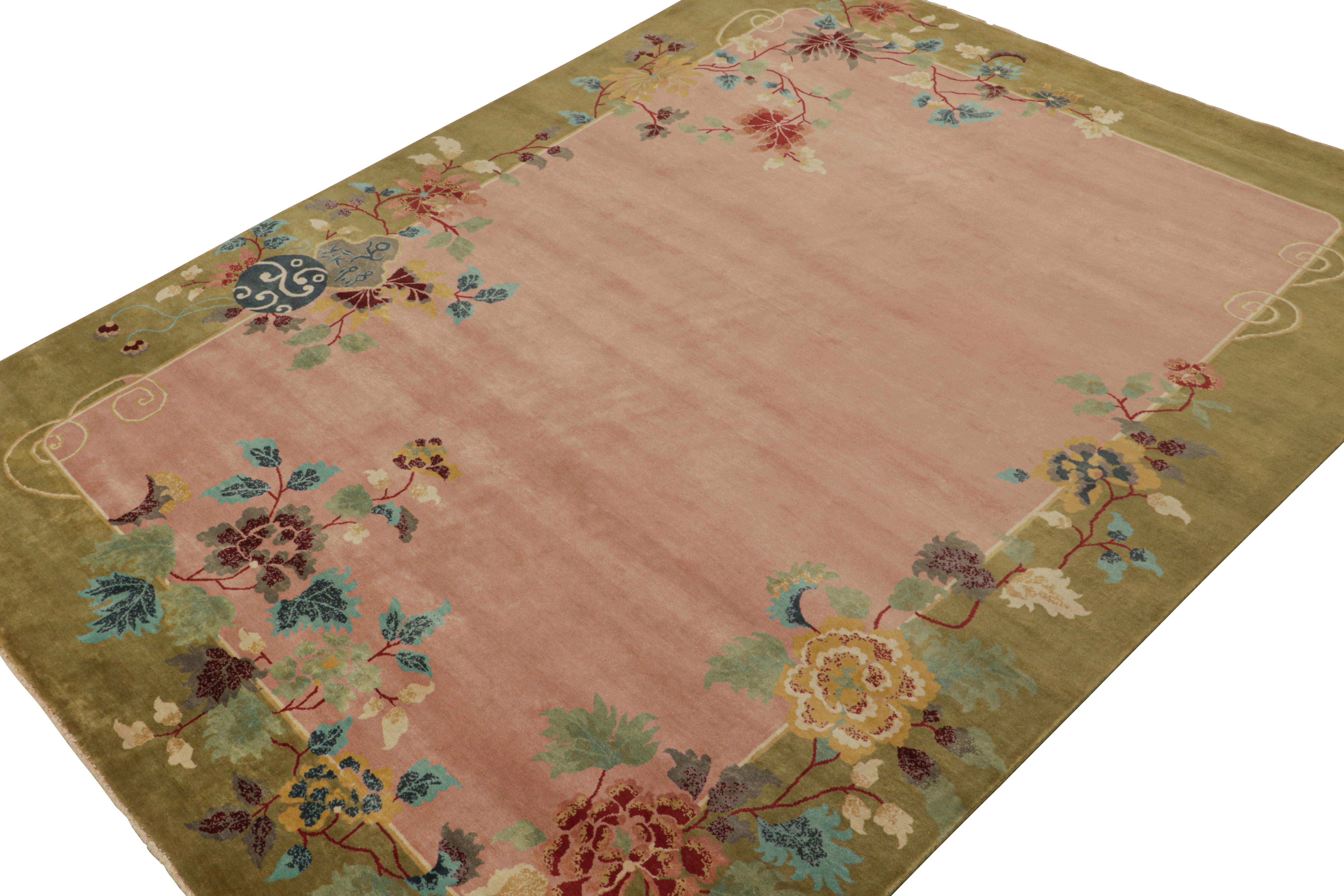 Hand-Knotted Rug & Kilim’s Chinese Style Art Deco rug in Pink & Green with Colorful Florals For Sale