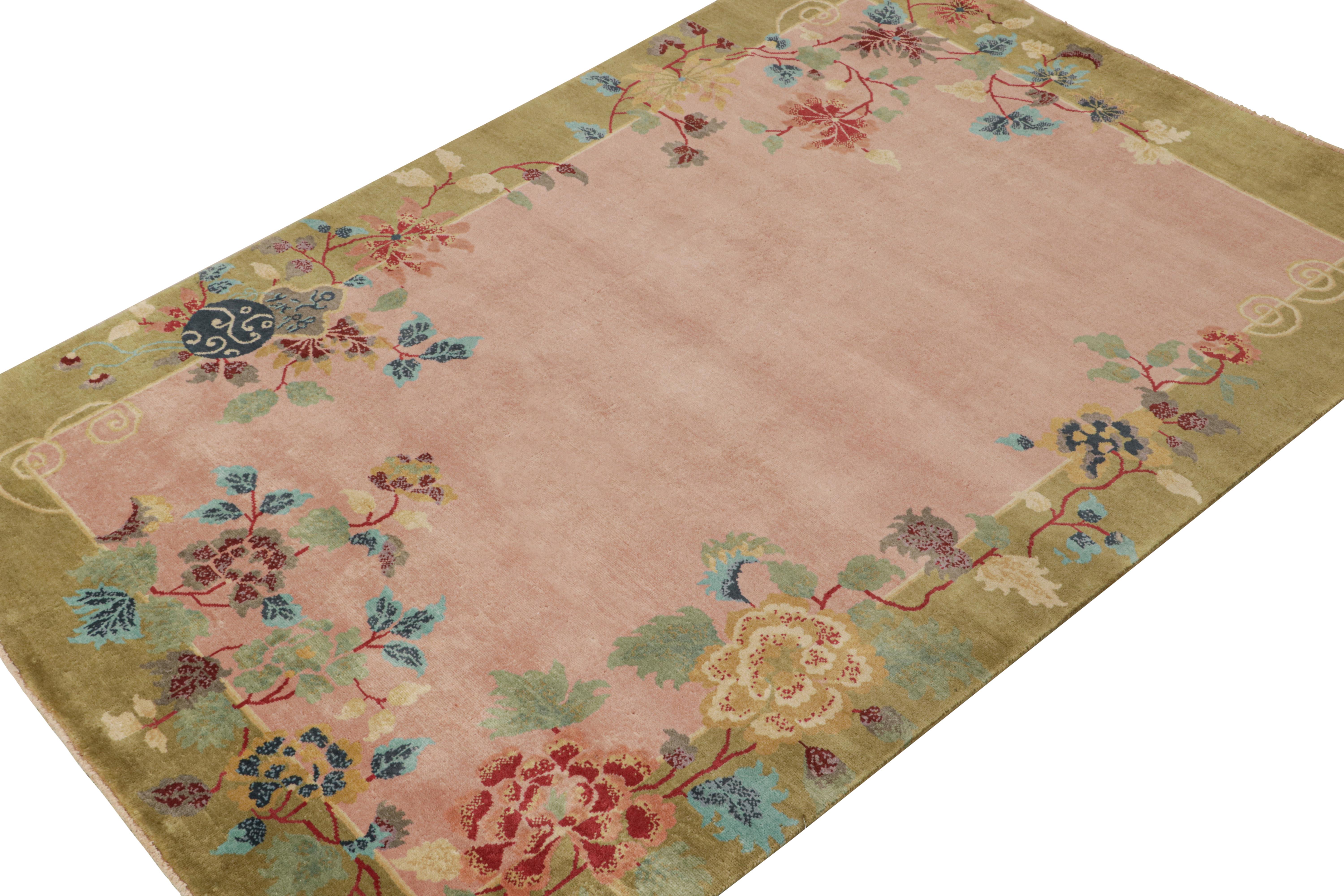 Hand-Knotted Rug & Kilim’s Chinese Style Art Deco rug in Pink & Green with Colorful Florals For Sale