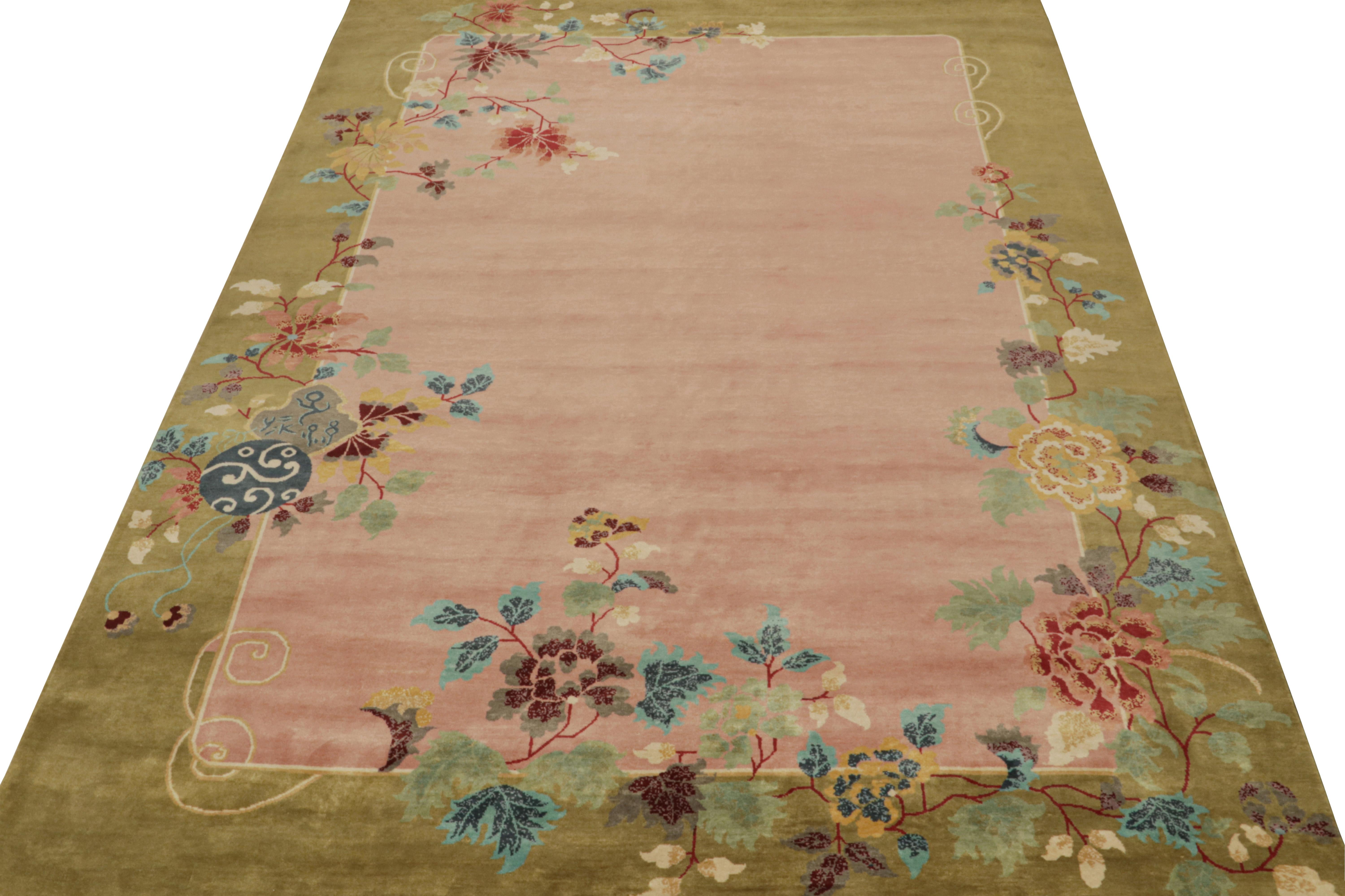 Rug & Kilim’s Chinese Style Art Deco rug in Pink & Green with Colorful Florals In New Condition For Sale In Long Island City, NY