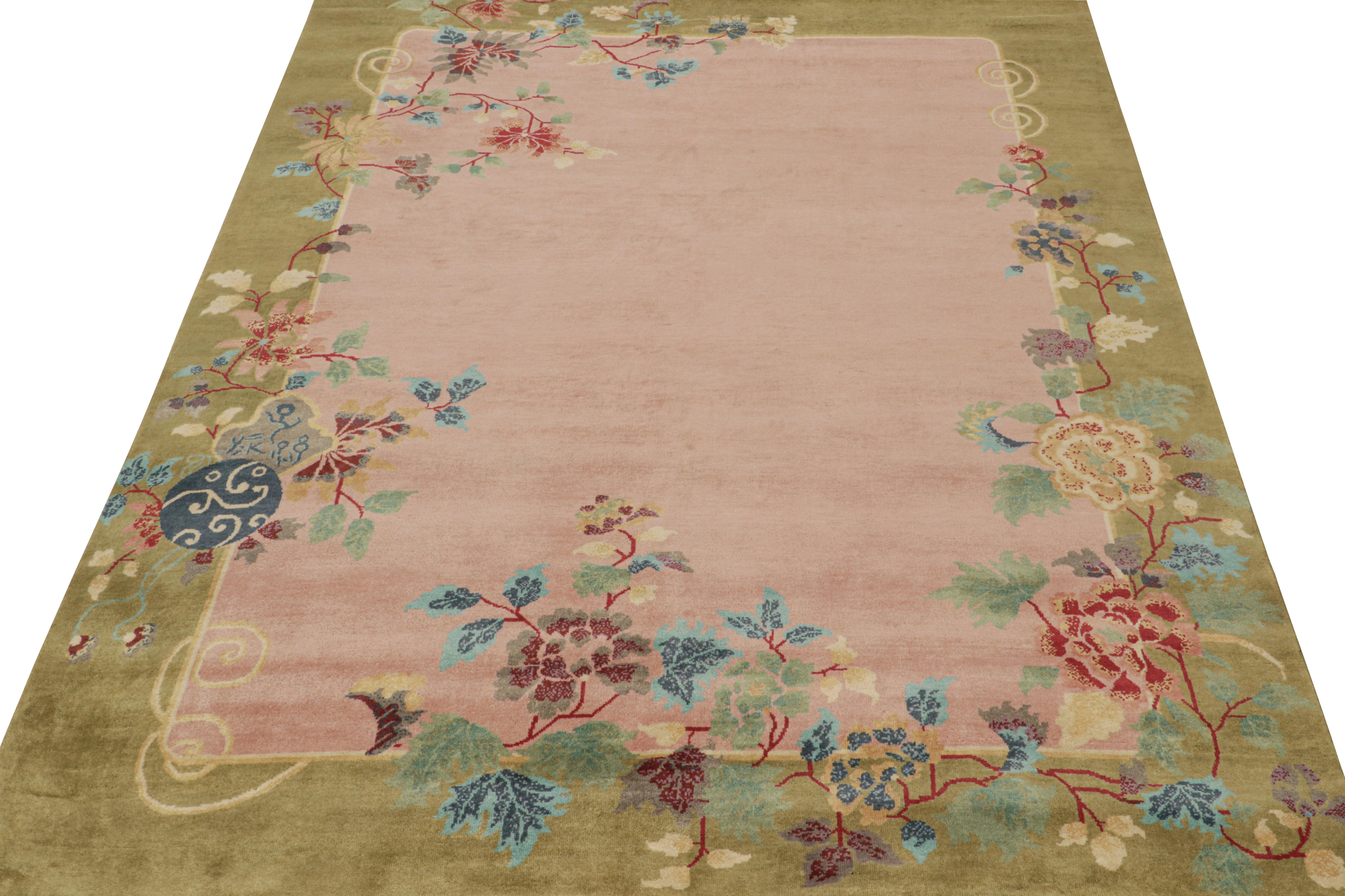 Indian Rug & Kilim’s Chinese Style Art Deco rug in Pink & Green with Colorful Florals For Sale