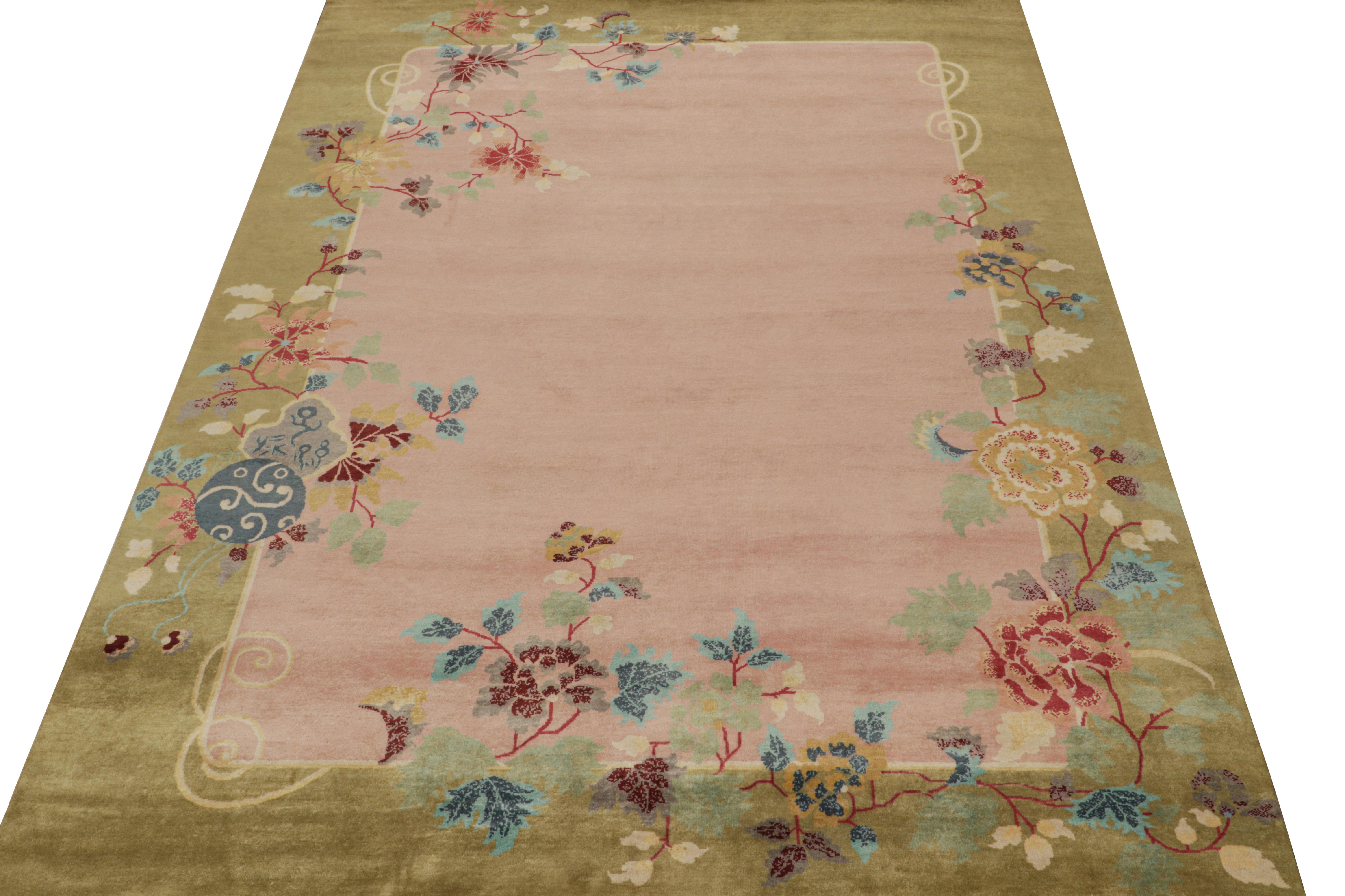 Rug & Kilim’s Chinese Style Art Deco rug in Pink & Green with Colorful Florals In New Condition For Sale In Long Island City, NY