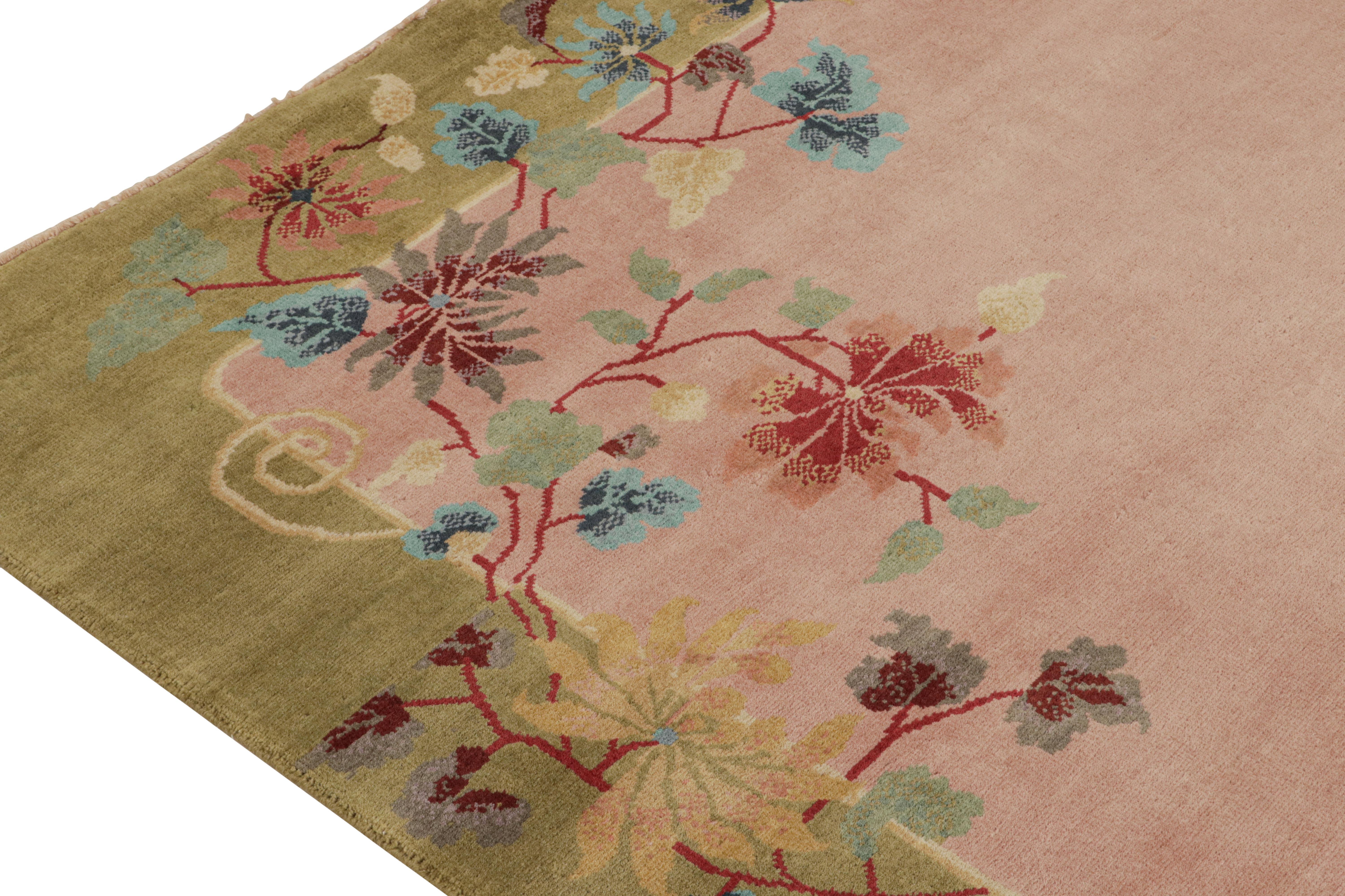 Rug & Kilim’s Chinese Style Art Deco rug in Pink & Green with Colorful Florals In New Condition For Sale In Long Island City, NY