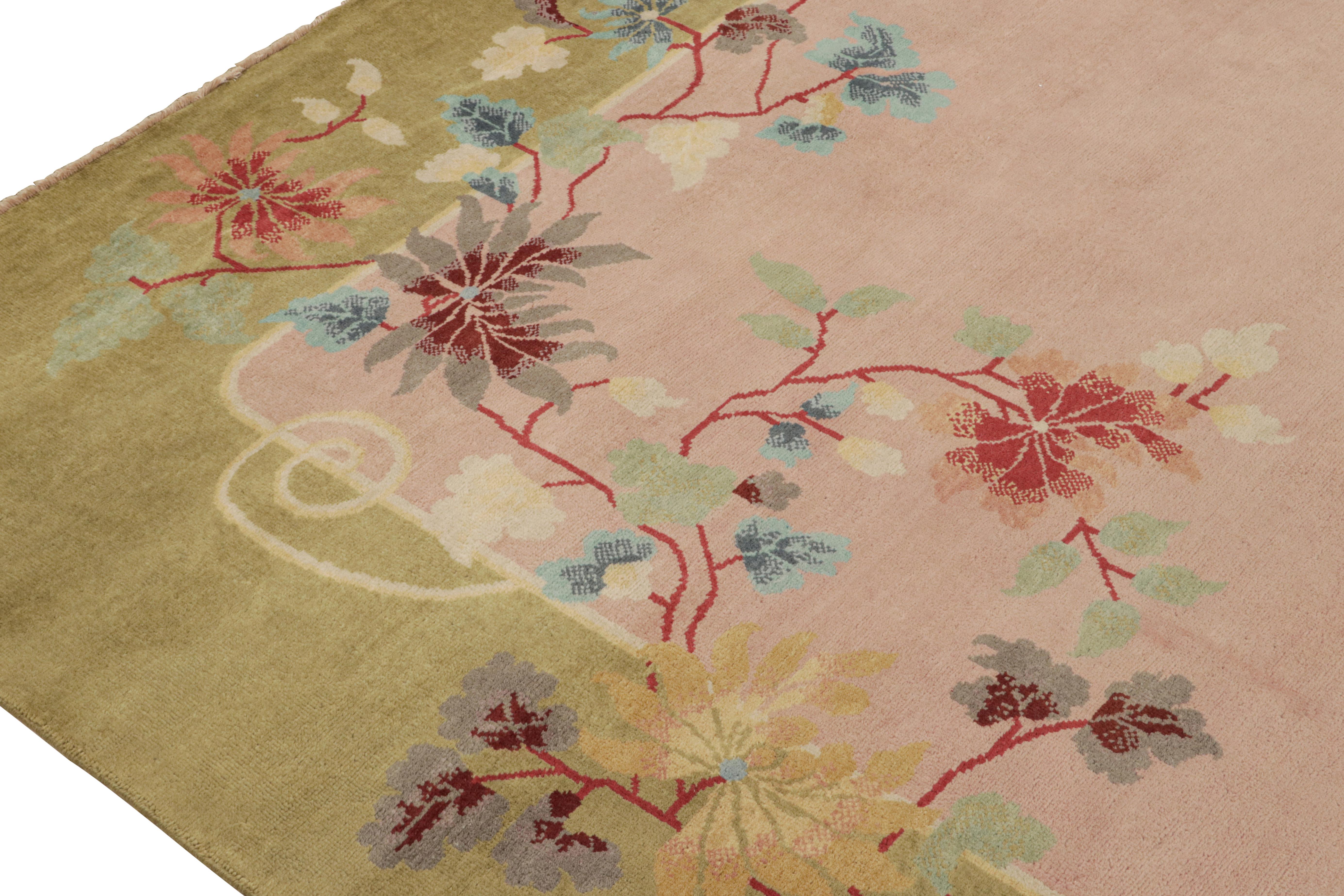 Contemporary Rug & Kilim’s Chinese Style Art Deco rug in Pink & Green with Colorful Florals For Sale