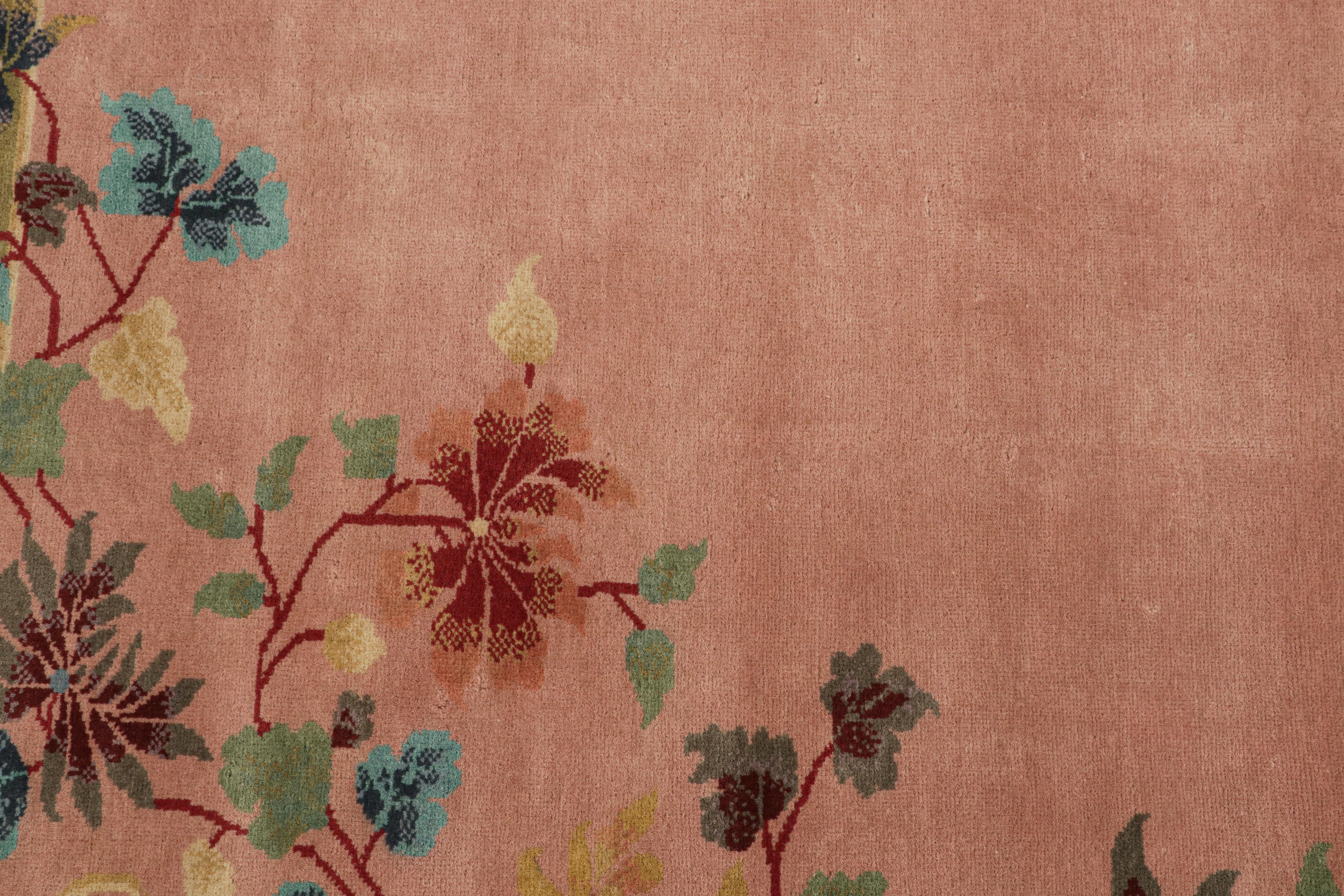 Contemporary Rug & Kilim’s Chinese Style Art Deco rug in Pink & Green with Colorful Florals For Sale