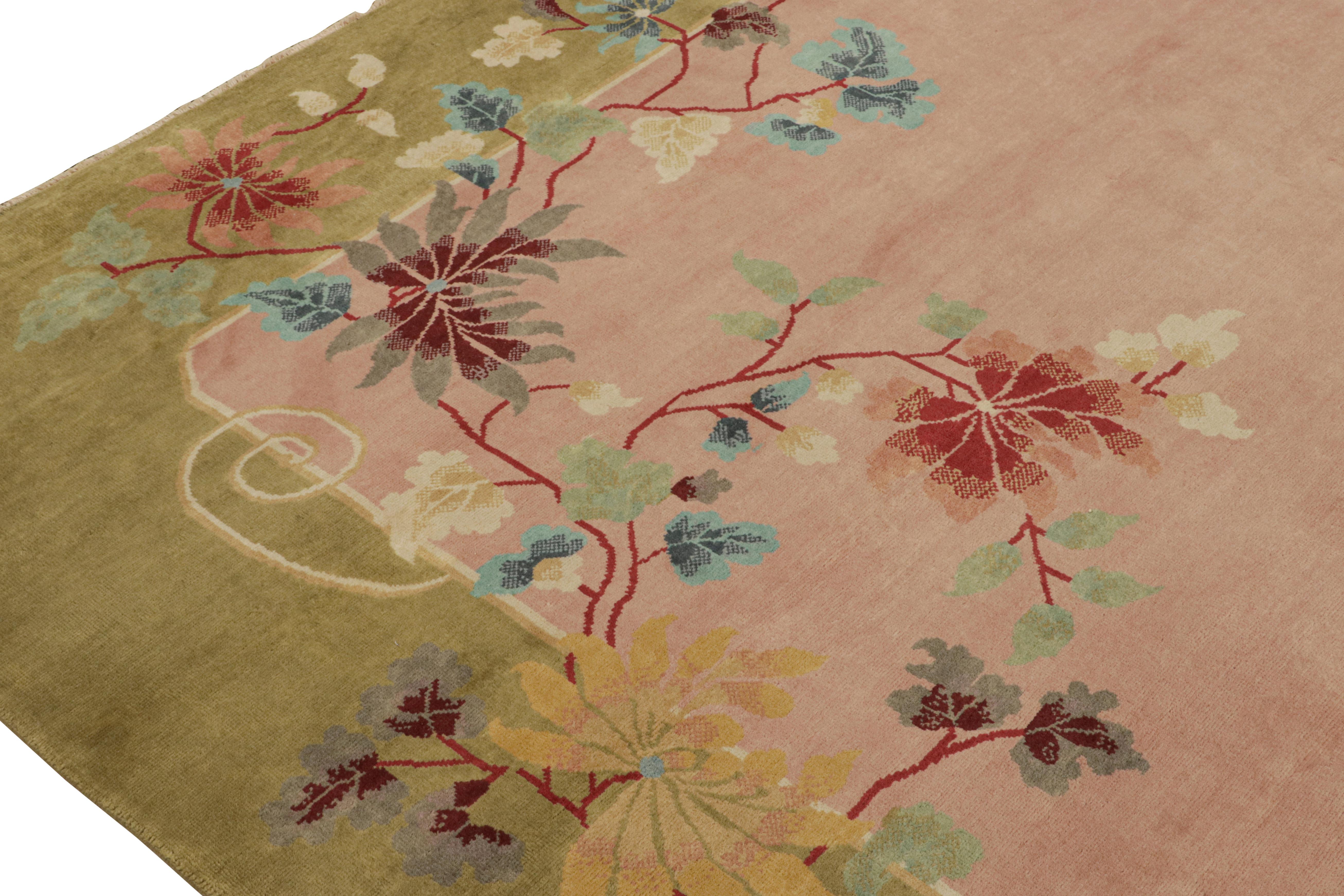 Contemporary Rug & Kilim’s Chinese Style Art Deco rug in Pink & Green with Colorful Florals For Sale