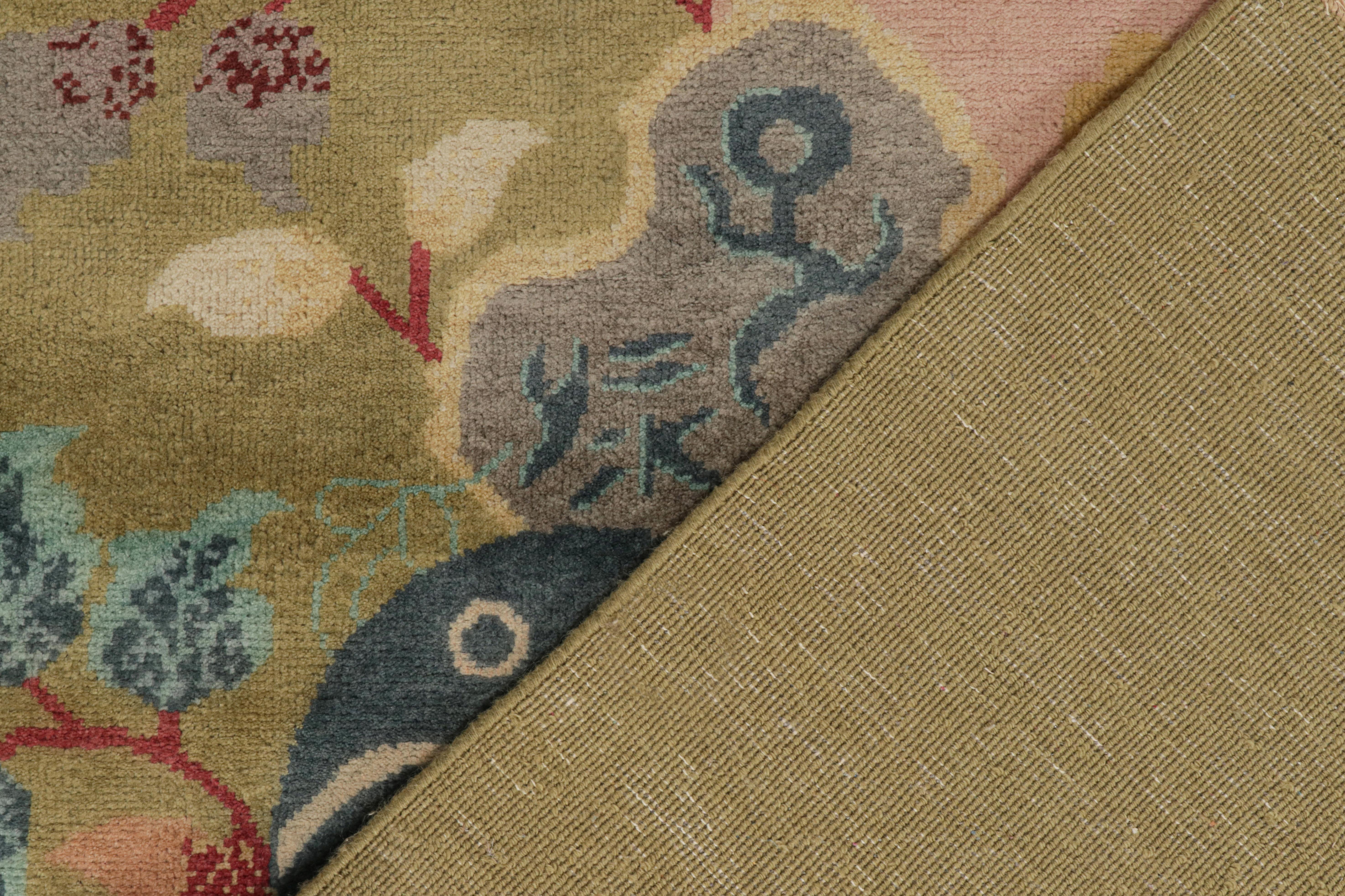 Wool Rug & Kilim’s Chinese Style Art Deco rug in Pink & Green with Colorful Florals For Sale