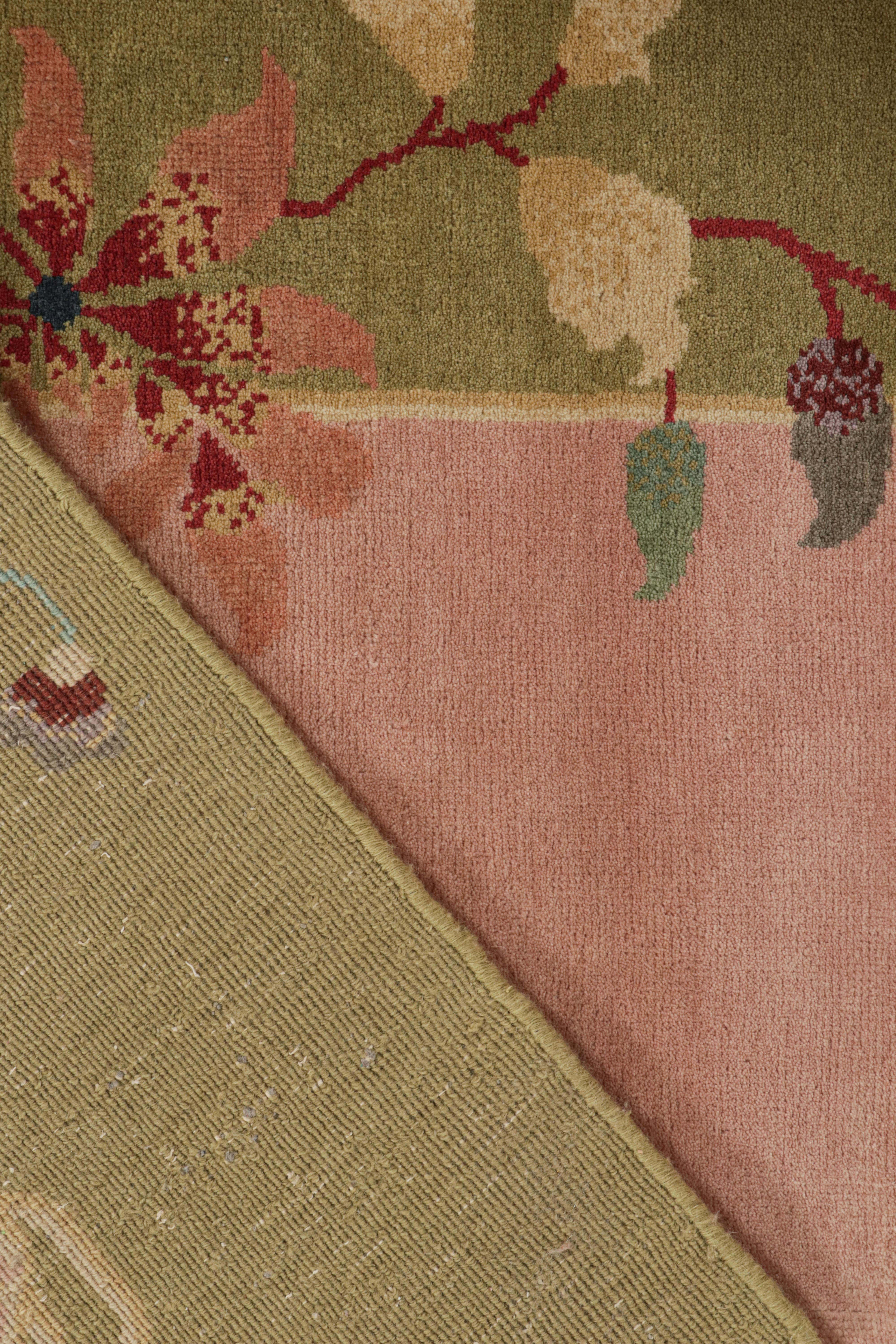 Wool Rug & Kilim’s Chinese Style Art Deco rug in Pink & Green with Colorful Florals For Sale