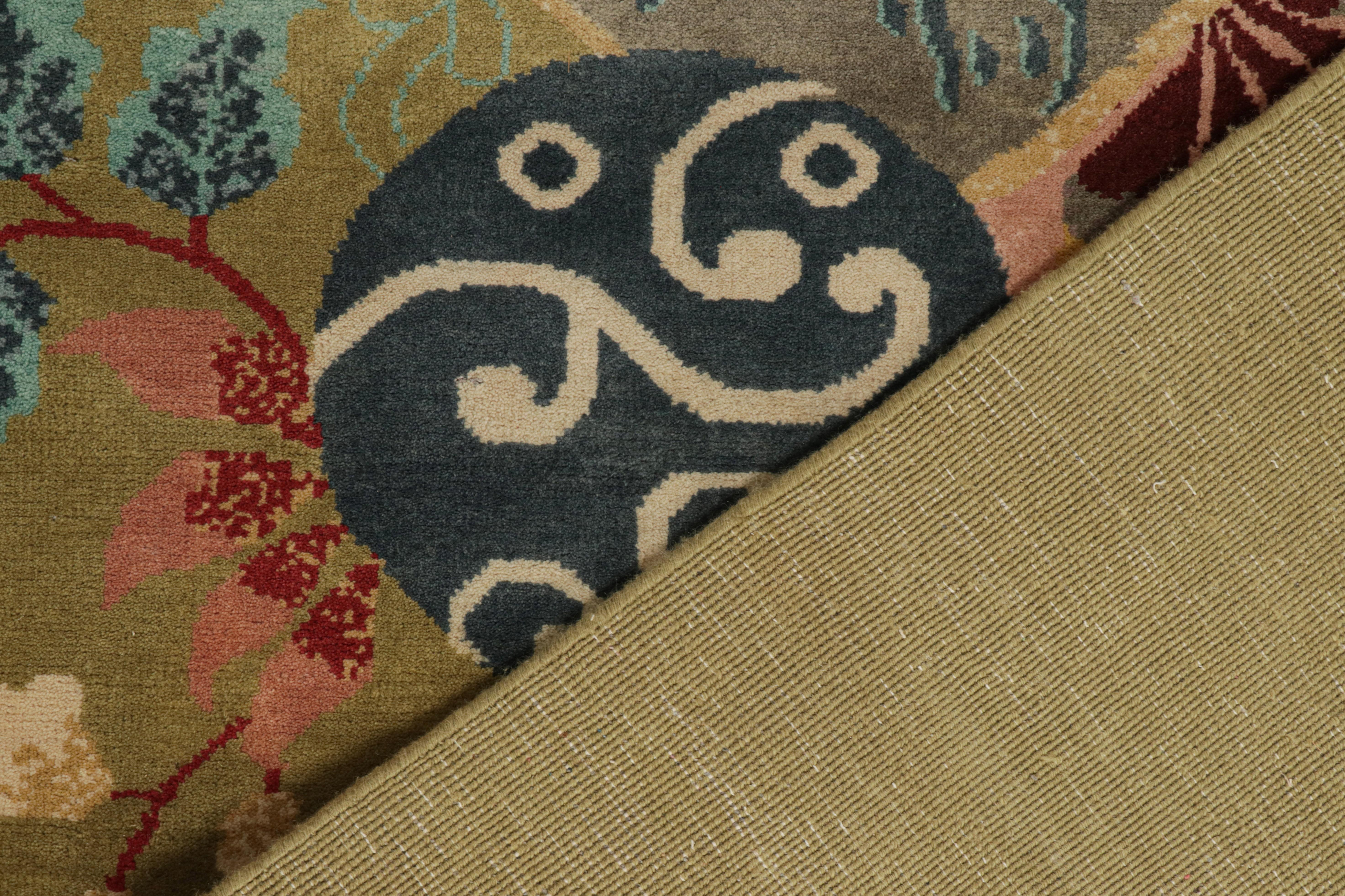 Wool Rug & Kilim’s Chinese Style Art Deco rug in Pink & Green with Colorful Florals For Sale