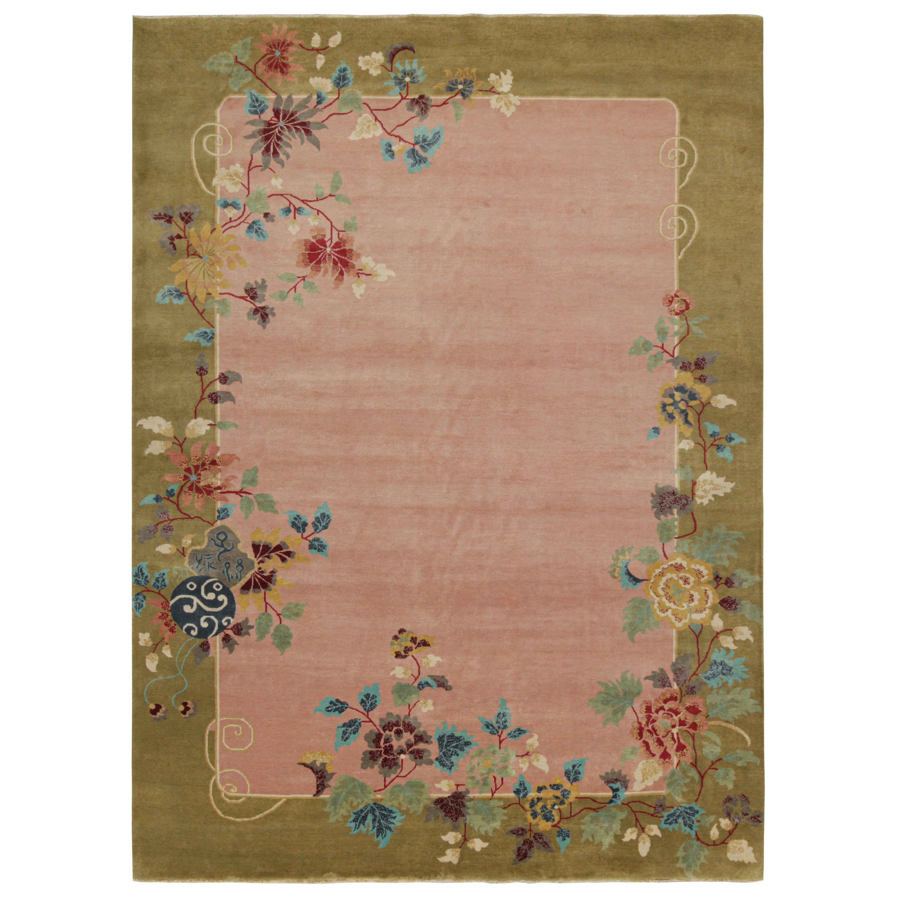 Rug & Kilim’s Chinese Style Art Deco rug in Pink & Green with Colorful Florals For Sale