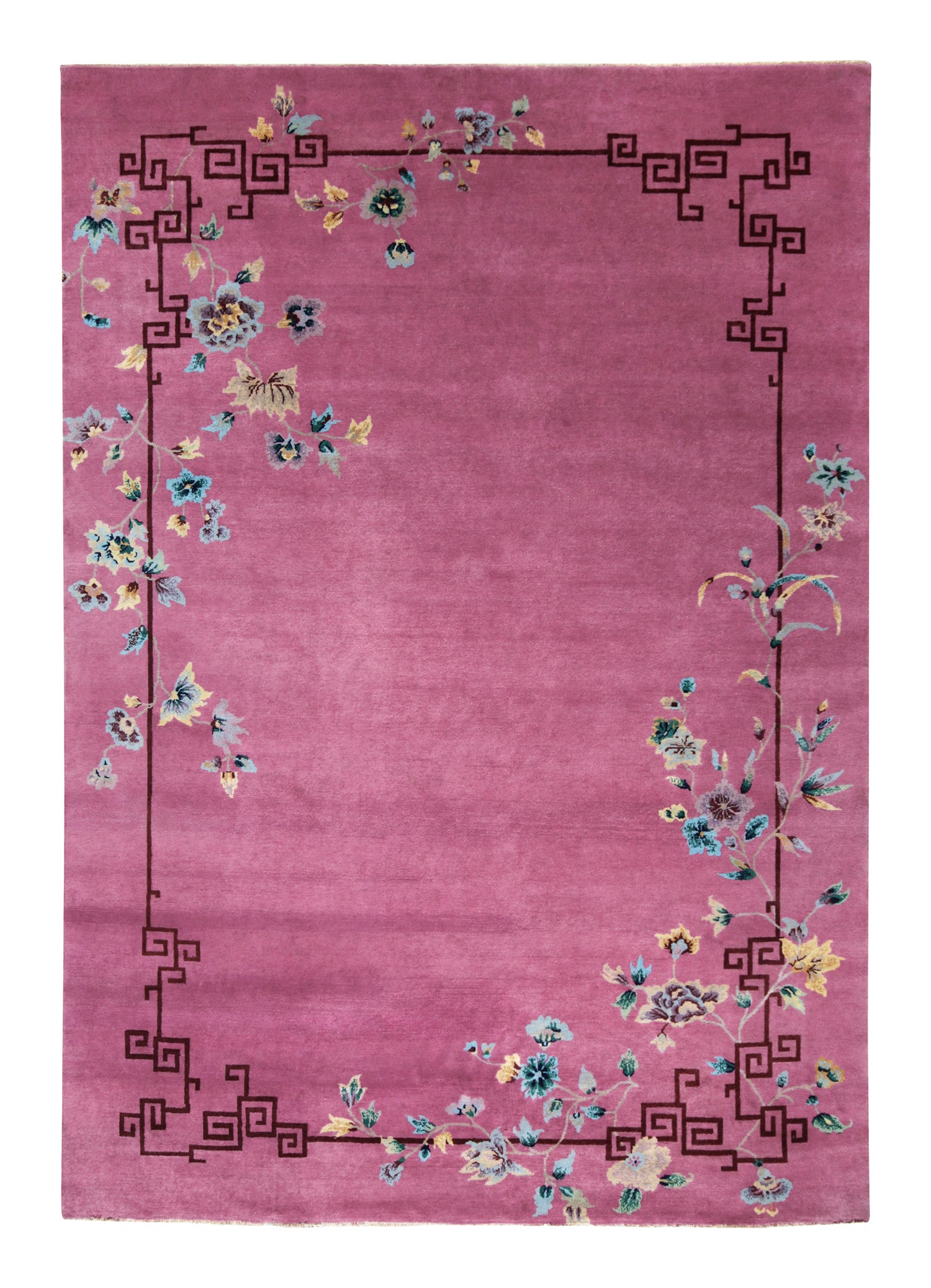 Teppich & Kelim-Teppich im chinesischen Art-déco-Stil in Rosa mit bunten Blumenmustern