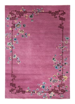 Rug & Kilim’s Chinese Style Art Deco Rug in Pink with Colorful Floral Patterns