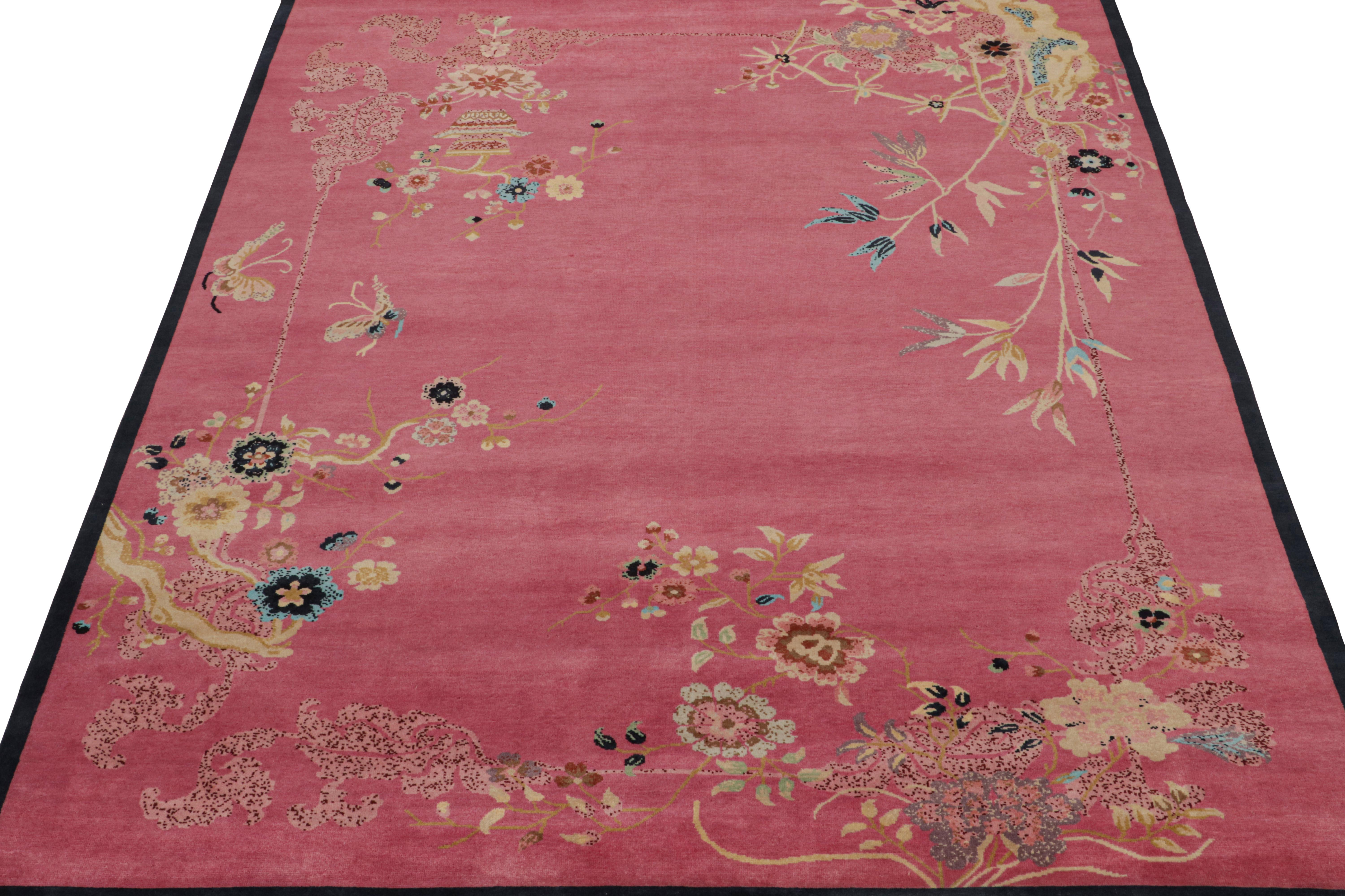 Indian Rug & Kilim’s Chinese Style Art Deco rug in Pink with Colorful Florals For Sale