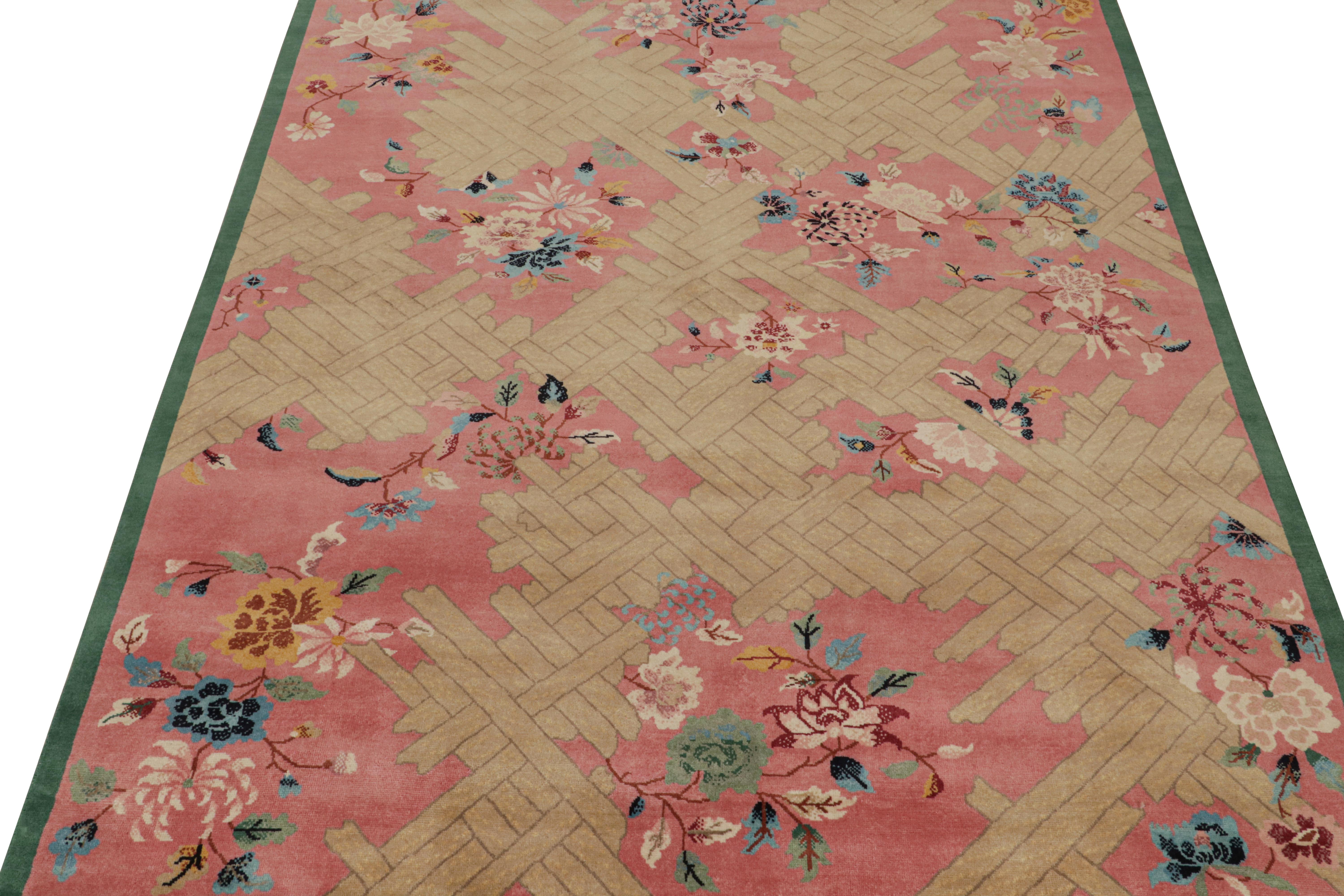 Indian Rug & Kilim’s Chinese Style Art Deco Rug in Pink with Colorful Florals For Sale