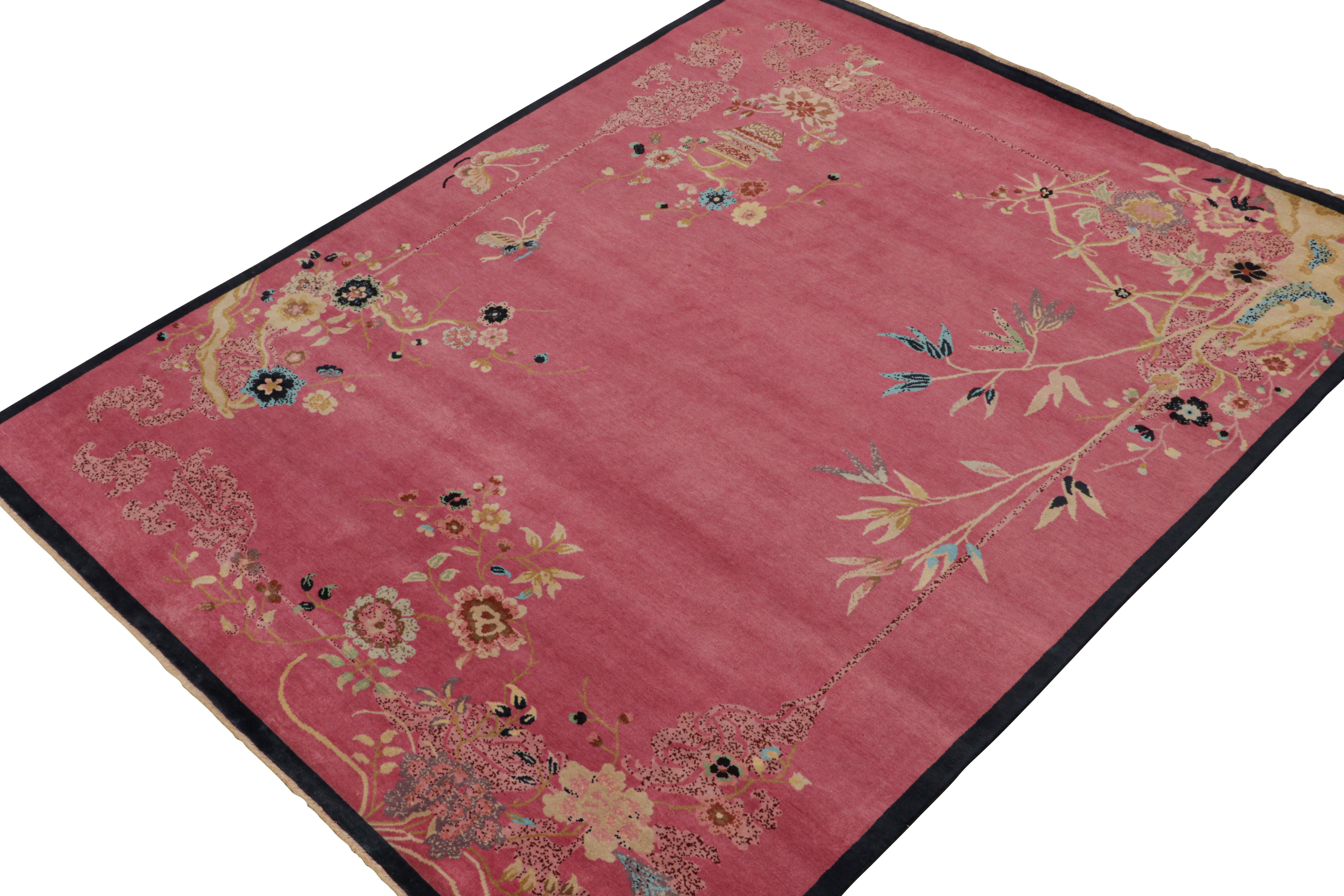 Hand-Knotted Rug & Kilim’s Chinese Style Art Deco rug in Pink with Colorful Florals For Sale