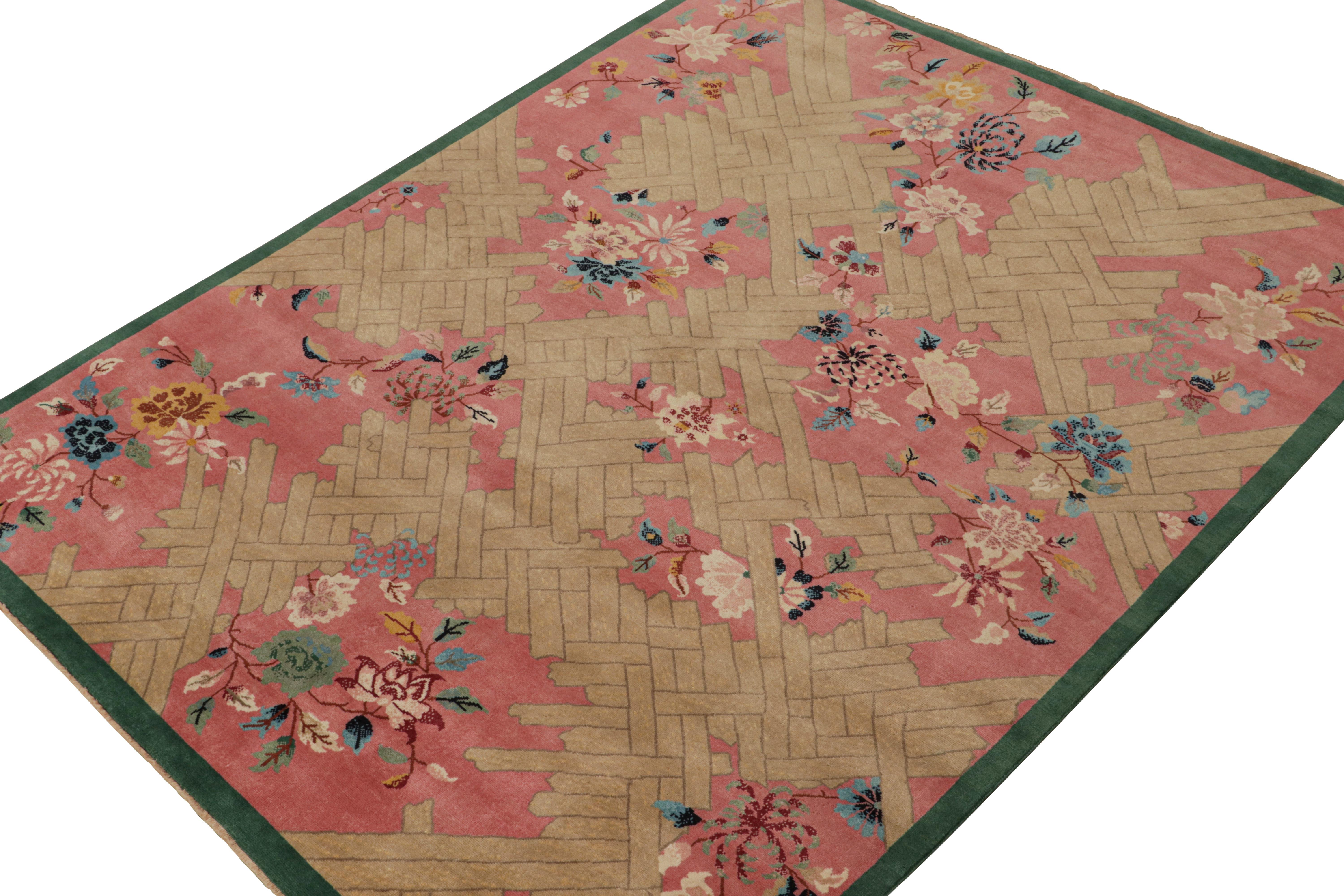 Hand-Knotted Rug & Kilim’s Chinese Style Art Deco Rug in Pink with Colorful Florals For Sale